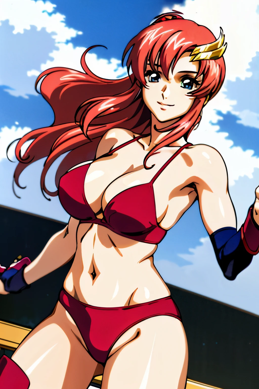 lacus4, (red bikini, red boots, arm band, groin, short gloves), (masterpiece, flexing arms , very slim shoulders, 4K, Best Quality, Anime style: 1.9, happy, Adult Woman, (ultra detailed head), (arena, cloud background), Drawing lines, high resolution, lacus4), 1girl, Solo, curvy figure, Long hair, 鎖骨, scapular, (Detailed wide hair bangs, Hair Ornament, Detailed reddish-pink hair, shiny streaks, slim arms, detailed golden crest), cleavage, large hands, (hair cover shoulders). (Big blue eyes, shiny eyes), ((female wrestler, (slim body), standing, slim arms)), ((perfect proportions, medium breasts, long belly)), ((totally red bra, neck band)), smile, (standing, hot colors), detailed fingers, (bare shoulders)