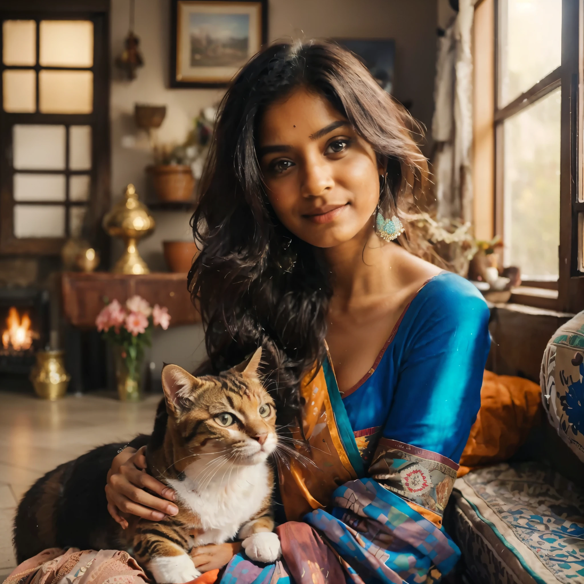  Craft a heartwarming and photorealistic image that captures an intimate moment between an Indian girl with big bosom & her beloved cat, both gazing directly into the camera as they sit together in the comfort of their home. This image should reflect the bond between them, showcasing their personalities and the warmth of the domestic setting.

**Key Elements to Focus On:**

- **Subjects:** The Indian girl should have a serene and affectionate expression, reflecting the joy and comfort her pet brings. The cat, sitting close to her or in her lap, should also look towards the camera, mirroring the girl's calm demeanor. Both subjects should appear relaxed and natural, highlighting their genuine bond.

- **Attire and Appearance:** The girl's attire should reflect contemporary Indian fashion, adding cultural depth to the image. Her clothing can be colorful and patterned, typical of Indian aesthetics, complementing her features and the home environment. The cat can have distinctive markings or be a breed commonly found in Indian households, adding to the authenticity of the scene.

- **Setting:** The home setting should be cozy and lived-in, with elements that suggest a typical Indian household. This could include traditional decor, vibrant textiles, and indoor plants or window views that offer a glimpse of the local environment. The setting should serve as a backdrop that enhances the focal point of the image—the girl and her cat—without overwhelming it.

- **Lighting:** Use soft, natural lighting to create a warm and inviting atmosphere. The lighting should highlight the subjects' faces, especially their eyes as they look into the camera, and accentuate the textures and colors of their surroundings.

- **Composition:** The composition should be balanced, with the girl and her cat positioned in a way that draws the viewer's attention to their faces and the connection between them. The use of depth of field can help keep the focus on the subjects while softly blurring the