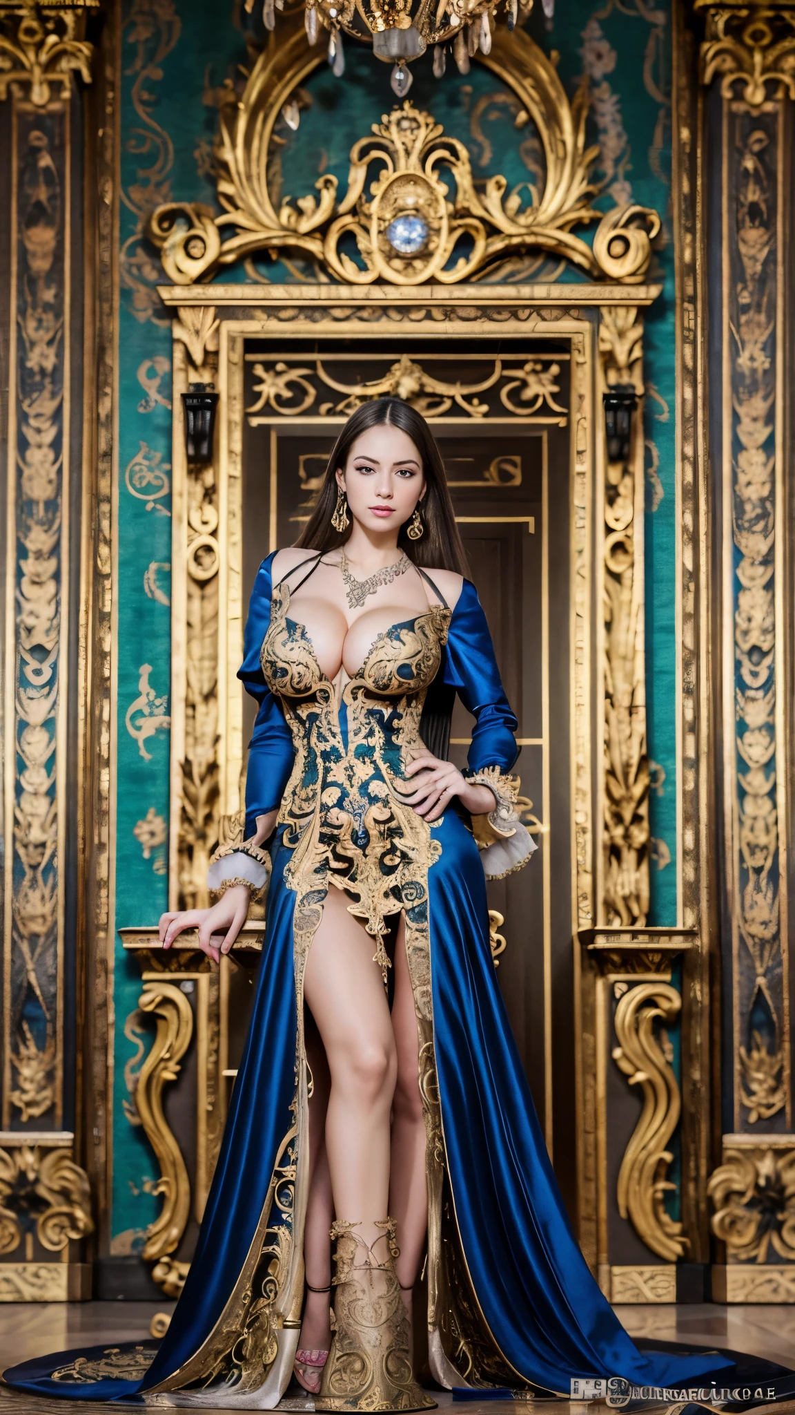 Beautiful woman in a random situation and place, , thin, random color hair, random color eyes, large , wearing beautiful exotic gown and expensive jewelry, very happy, (full body:1.5), (Baroque:1.6), hyperrealistic, 8k, vibrant colors, sharp crisp image