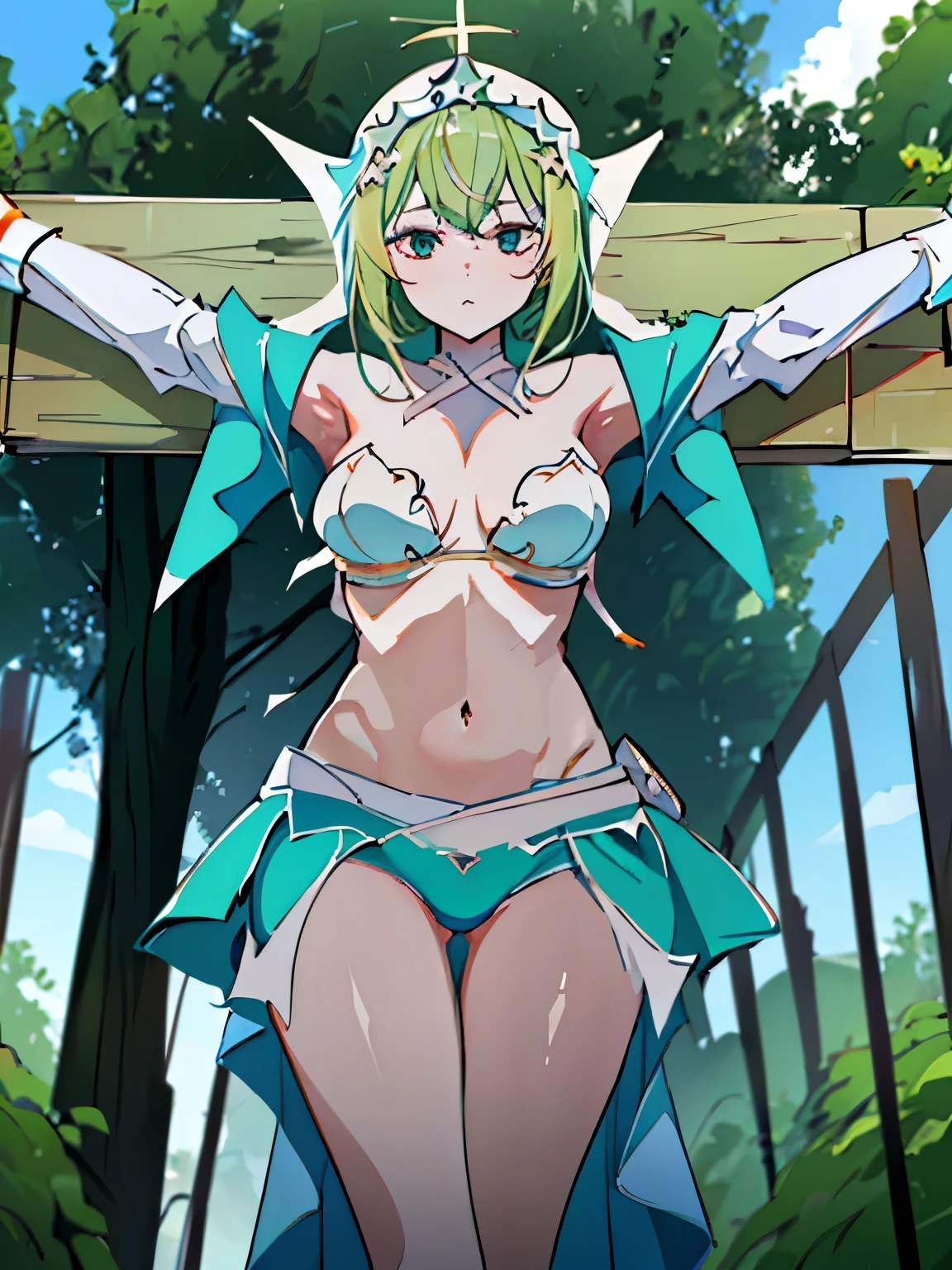 highest quality,masterpiece,UHD, Super detailed, 8K,(Beautiful woman),一人のBeautiful woman,((crucifixion)),cross,(execution),incontinence,scared,torture,slave,((crossにcrucifixionにされた女性:1.5)),Nami