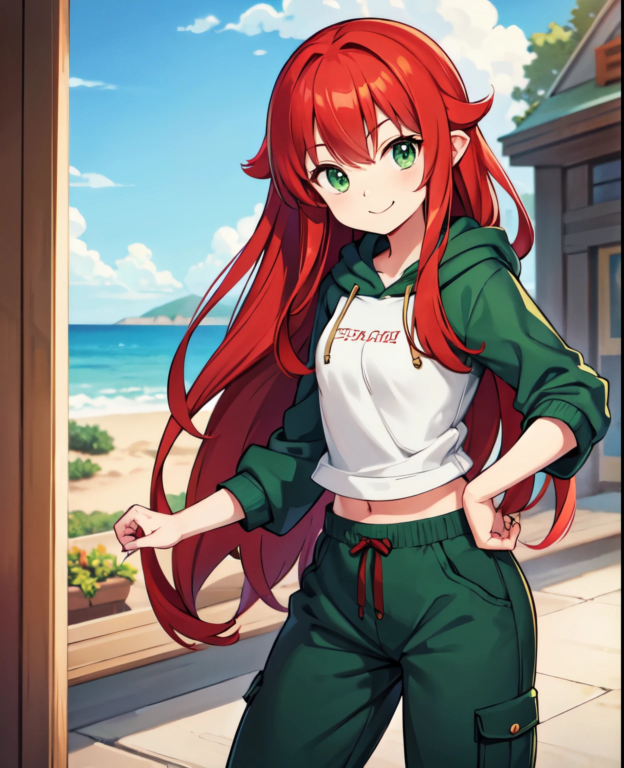 Pygmy   gentle expression(smile) Red hair(long hair) green eyes clothes(hoodie) pants(half pants)