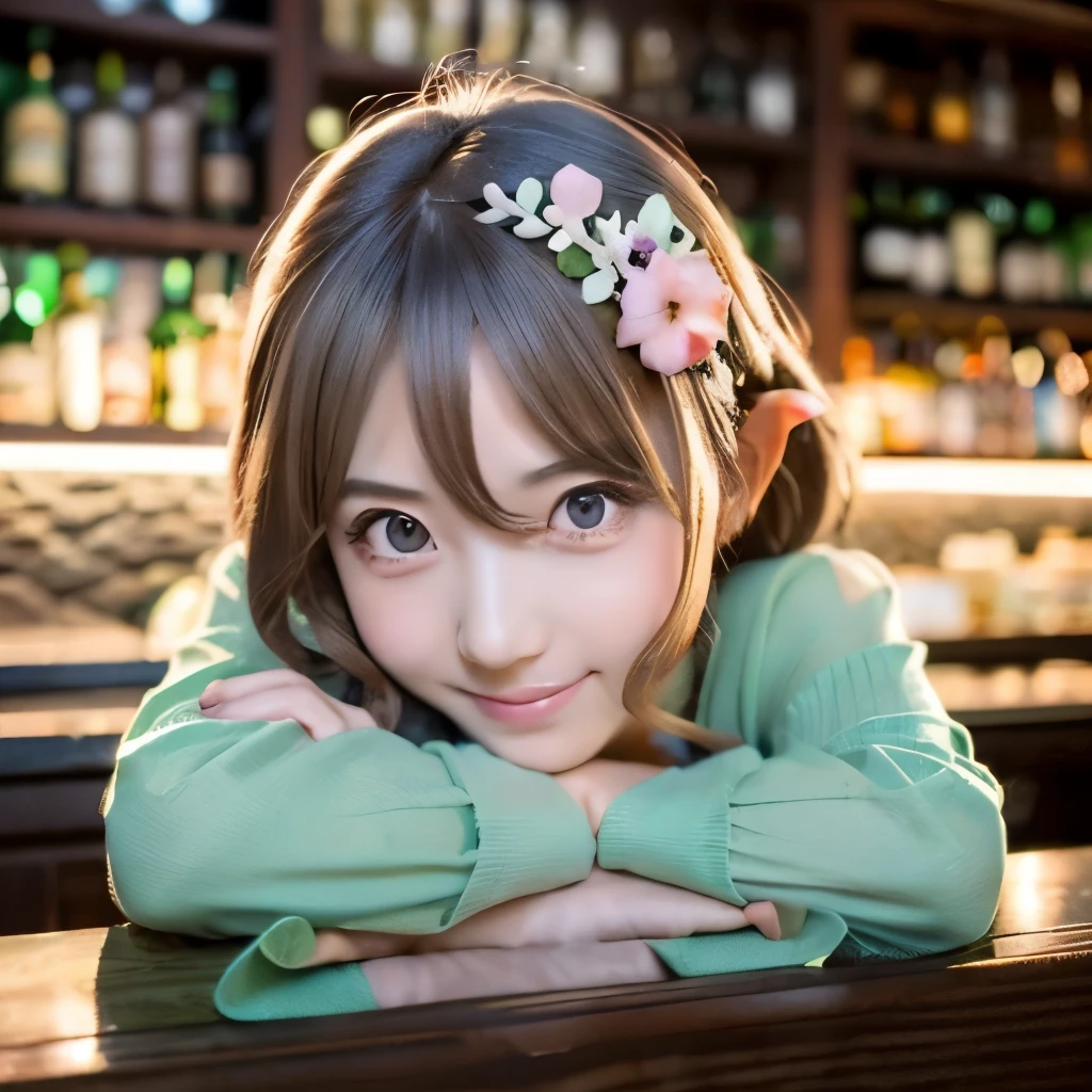 ((muste piece)), ((best quality)), (Super detailed), anime style etc., bar counter, pretty girl, 1 girl, solo, Suits 00, ((beautiful eyes))0, shy smile