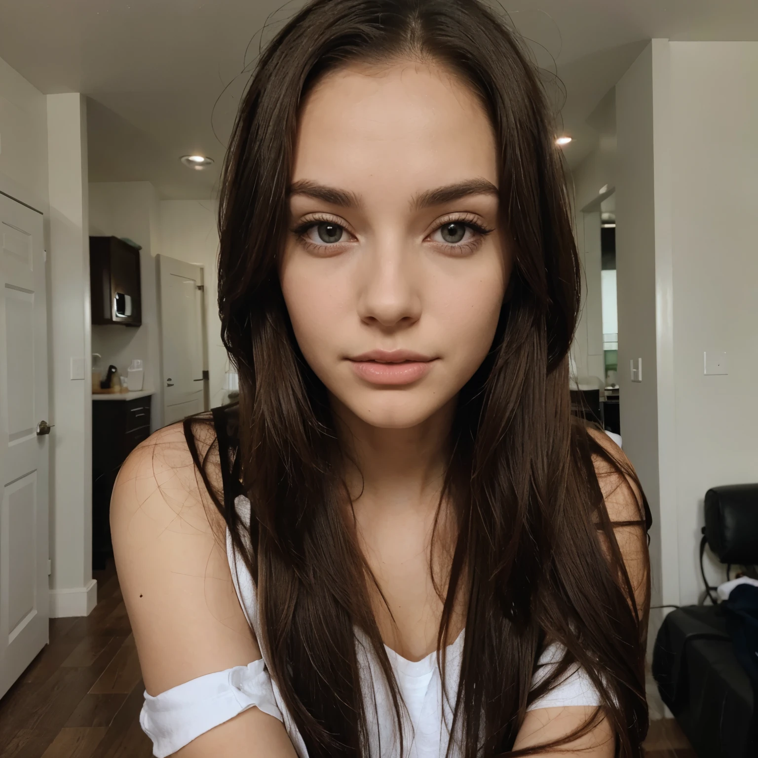 brunette woman with straight and thin hair