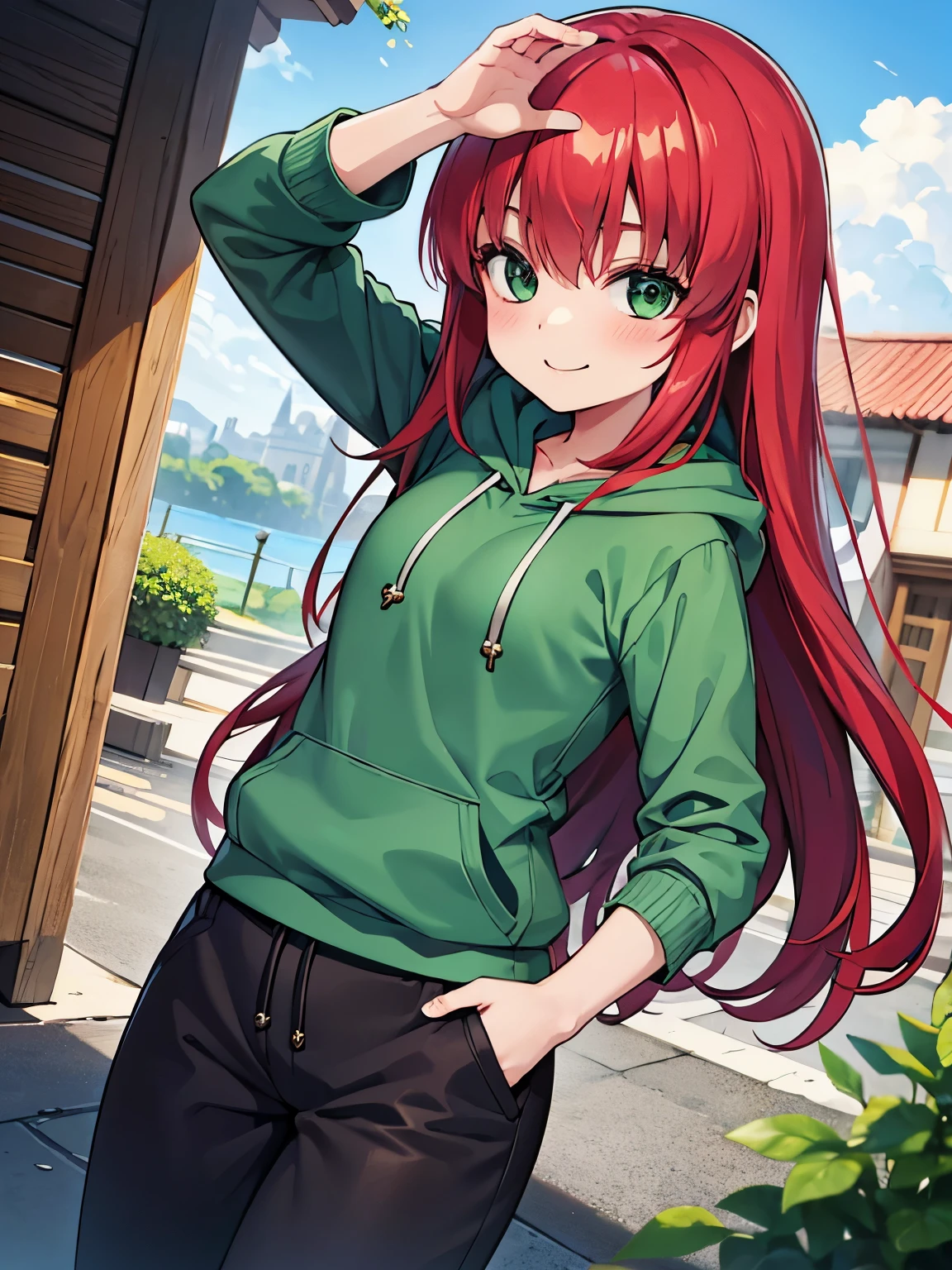 Pygmy   gentle expression(smile) Red hair(long hair) green eyes clothes(hoodie) pants(half pants)