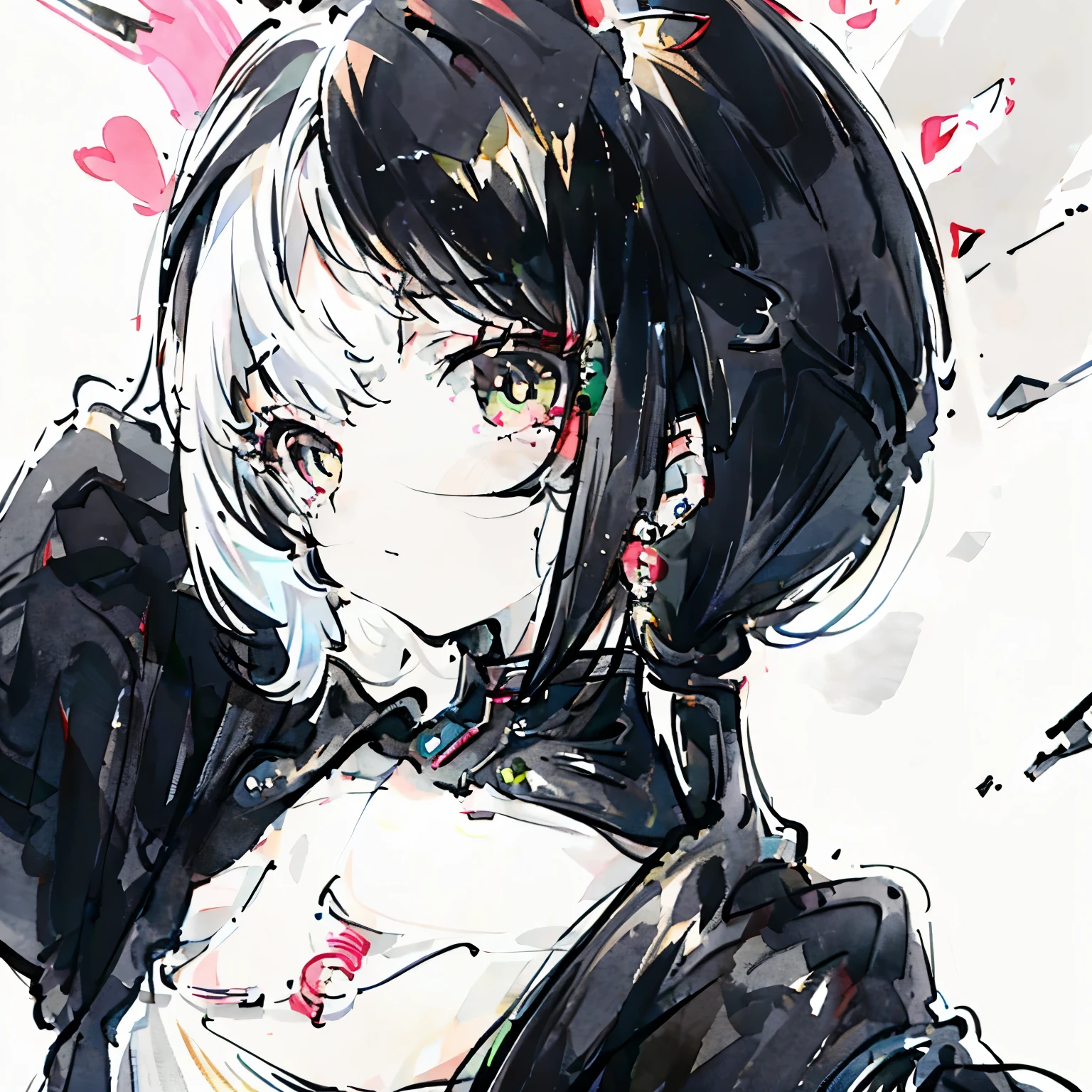 one girl,white skin,black bob hair,short hair,earrings,Sick Kawa,Menhera,unhealthy,black clothes,best quality
