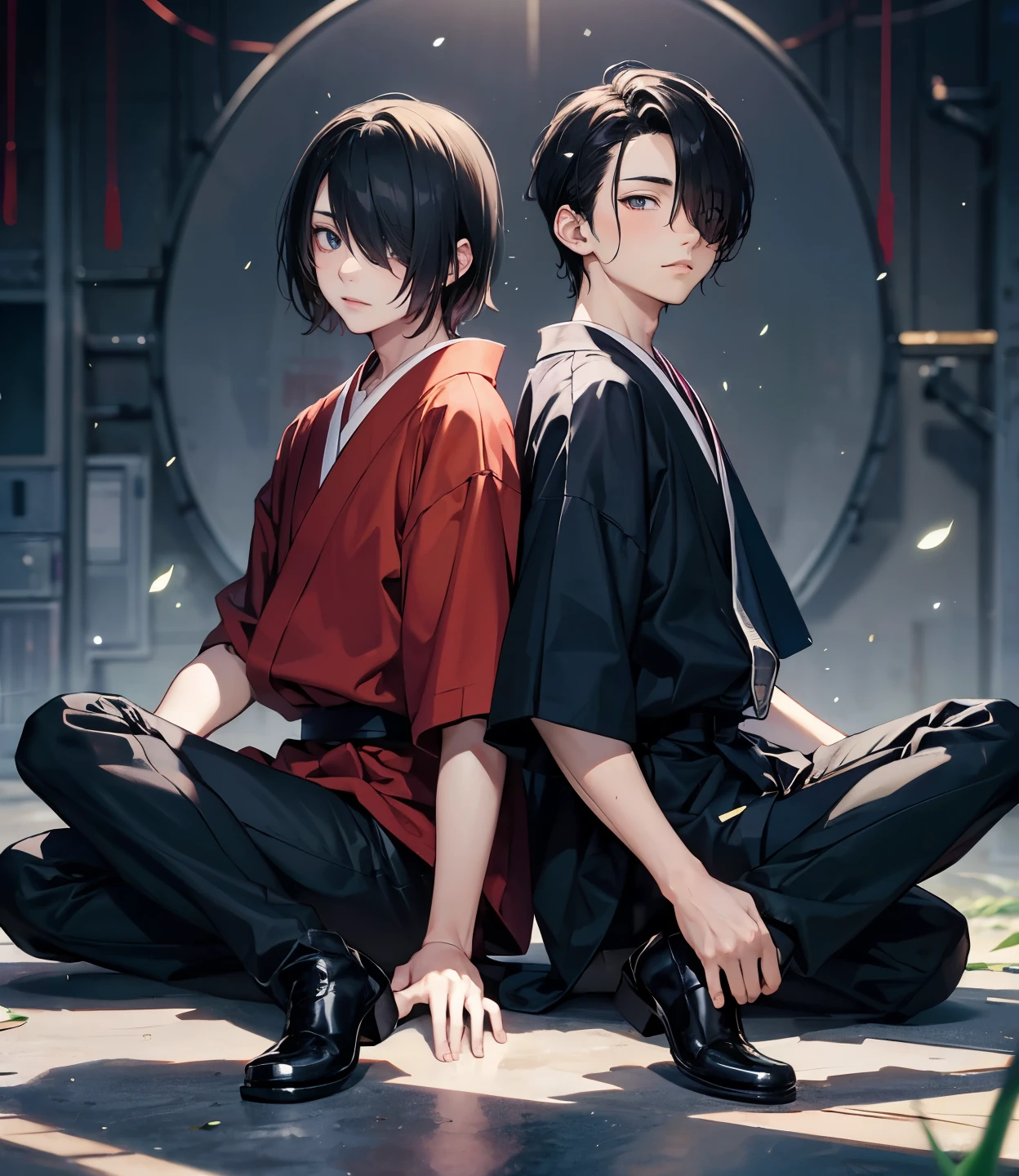 portrait of Japanese boys,duo,20yo,beautiful faces,full bodies,hair over one eye,medium sidecut, black hair, sharp focus,wearing modern clothes