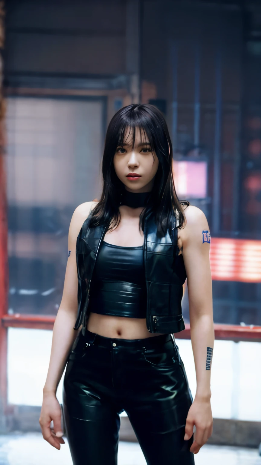 highest quality，masterpiece，Super detailed，8K, UHD，Beautiful woman，japanese woman，Expressionless，(Topless)，whole body，((tattoo))，slim，Black leather pants，black leather vest，female mafia，gangster，cyberpunk city，night，cinematic lightening，movie poster，underworld