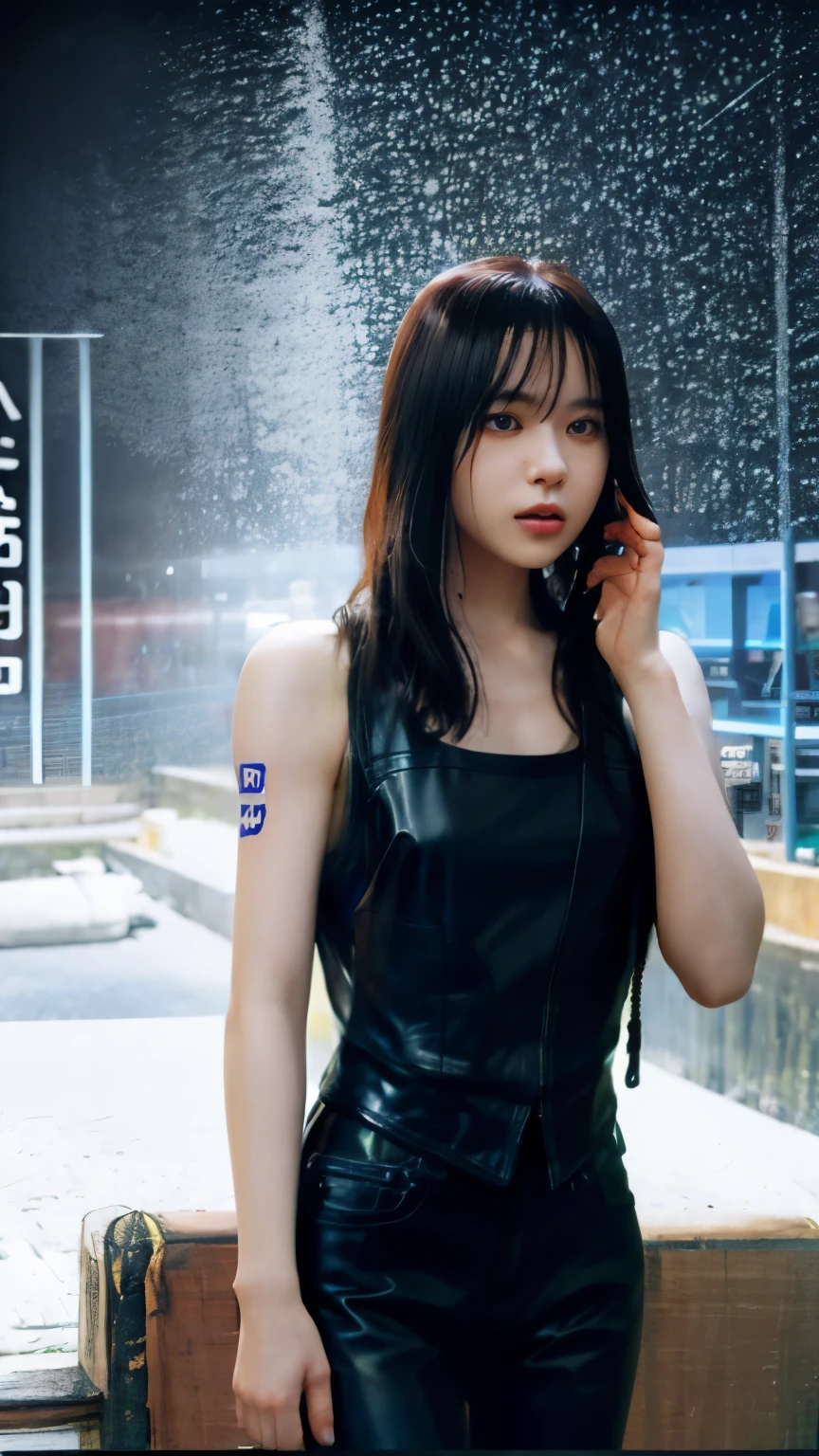 highest quality，masterpiece，Super detailed，8K, UHD，Beautiful woman，japanese woman，Expressionless，(Topless)，whole body，((tattoo))，slim，Black leather pants，black leather vest，female mafia，gangster，cyberpunk city，night，cinematic lightening，movie poster，underworld