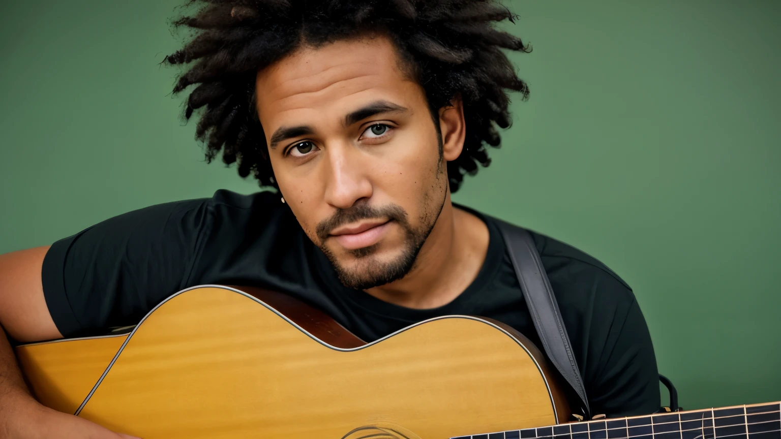 Imagine a 45 year old man, with a perfect face, perfect hands, voluminous afro style hair, caucasian complexion, he plays the acoustic guitar, eye contact, green screen on background, realism, photorealism, hyperrealism, (insane details:1.3), 35mm