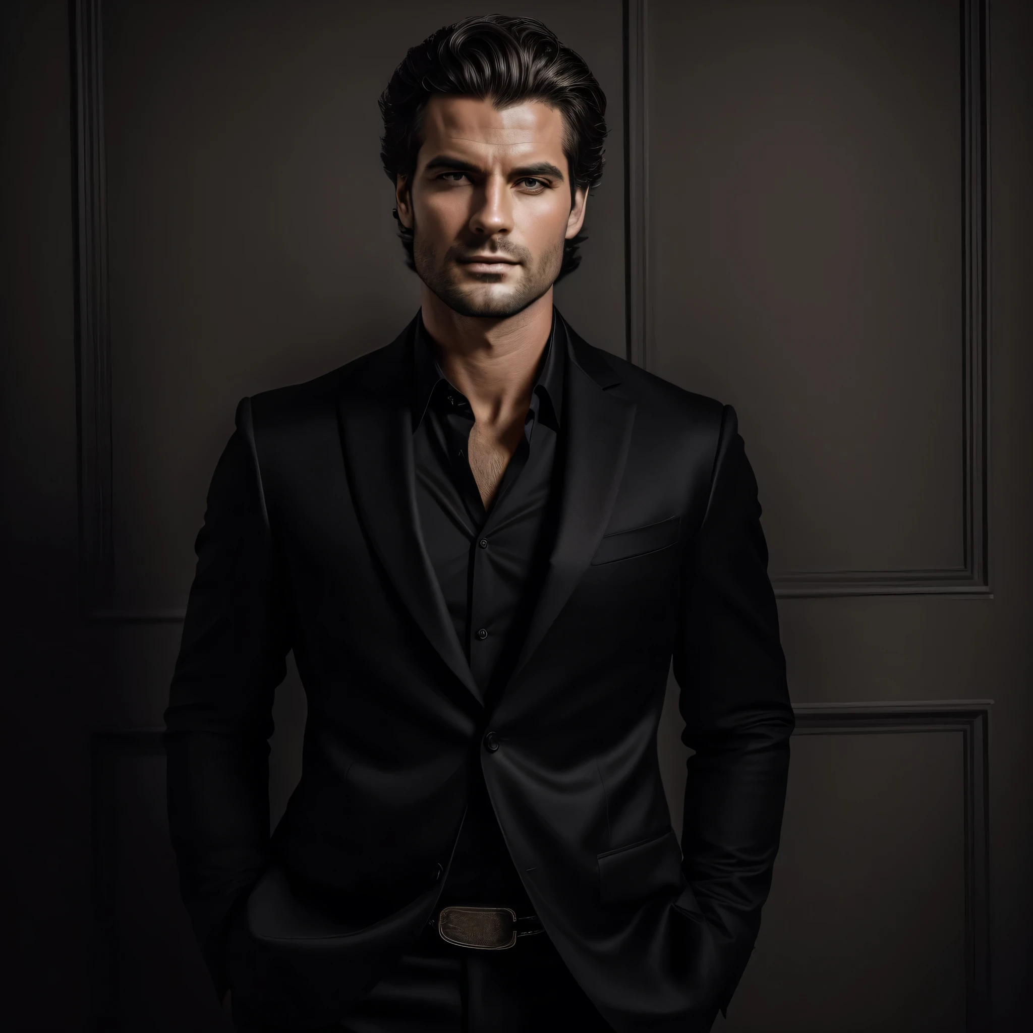 bel homme, impérieux, arrogant, brun, Raccourci élégant, corps en forme, peau parfaite, costume noir, Fond de lumière du jour, cinématique d'éclairage, haute qualité, Photo à la taille 32K