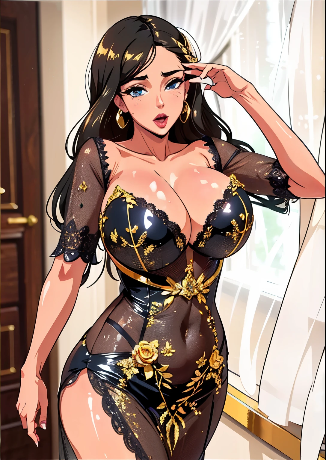 Eyes are very delicate，Exquisite hair color，（shiny skin：1.2）（（Black and gold sheer lace dress）），huge ，Too much，big and droopy，Big titietra Big titasterpiece）））， （（best quality））， （（intricate details））， （（Surrealism））