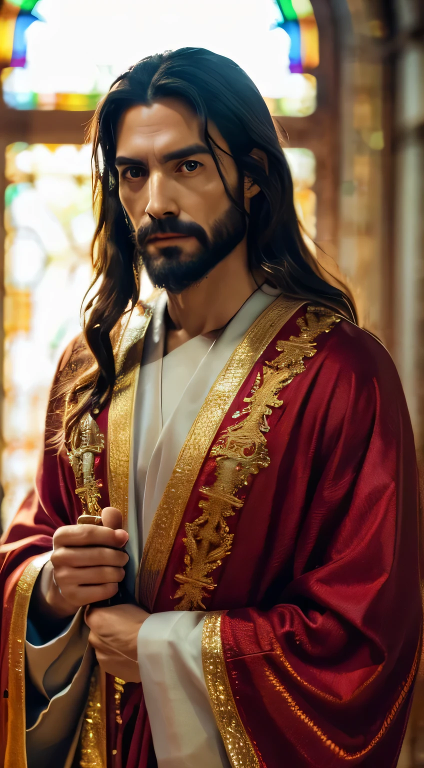looking at camera, an image of Jesus, draped in a robe with intricate details, his eyes reflecting both compassion and the divine, realistic, 8k