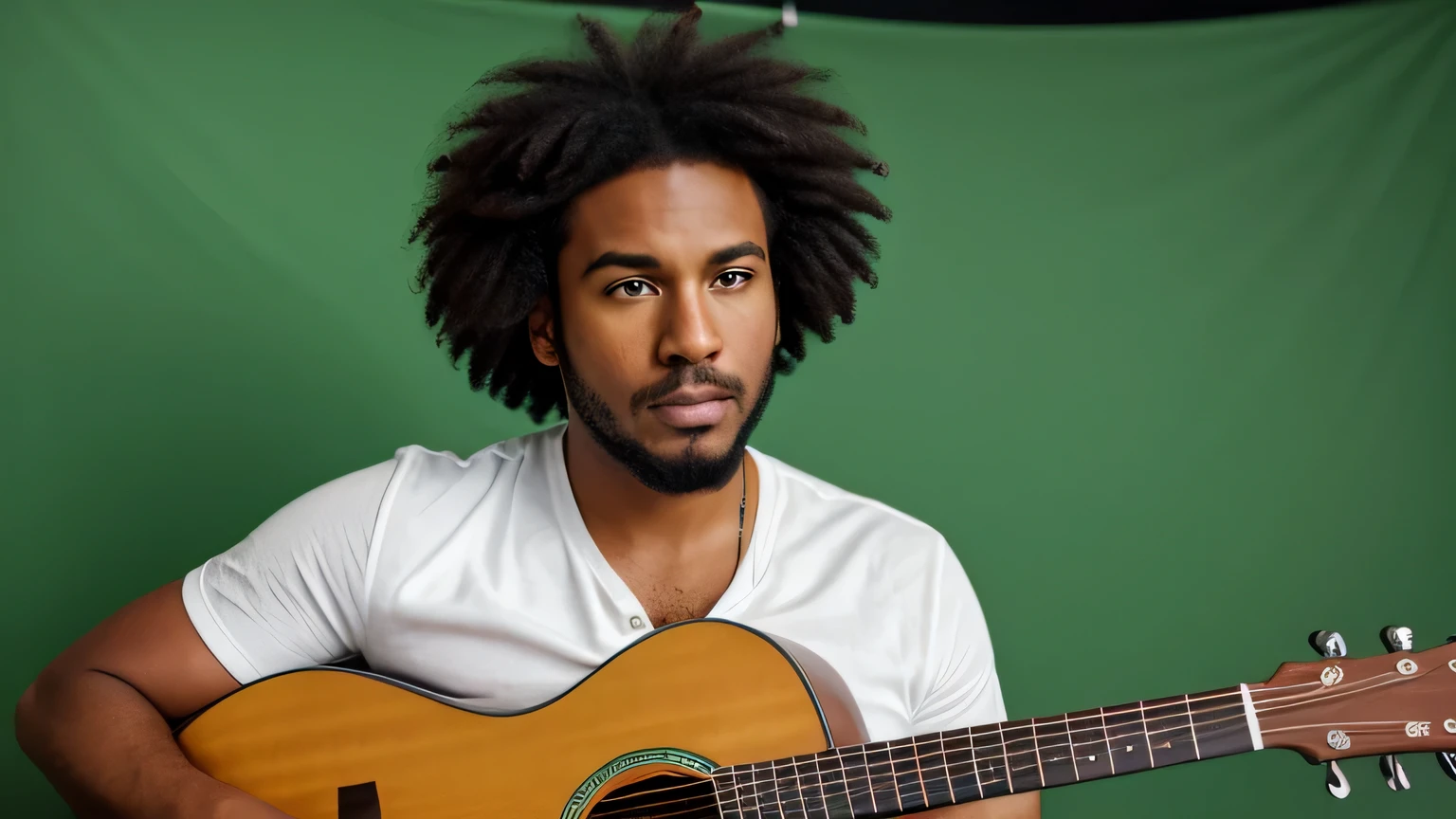 Imagine a 45 year old man, with a perfect face, perfect hands, voluminous afro style hair, caucasian complexion, he plays the acoustic guitar, eye contact, green screen on background, realism, photorealism, hyperrealism, (insane details:1.3), 35mm