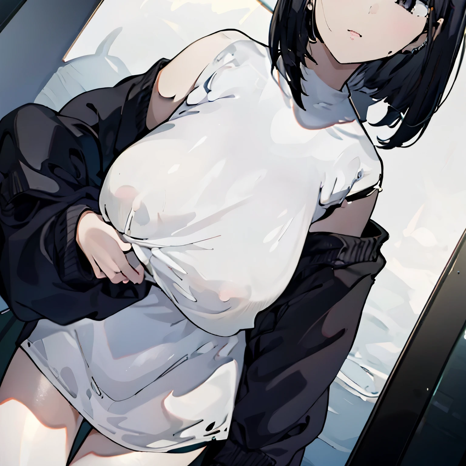 one girl,sickly white skin,slender,black bob hair,short hair,earrings,Sick Kawa,Menhera,unhealthy,black clothes,best quality