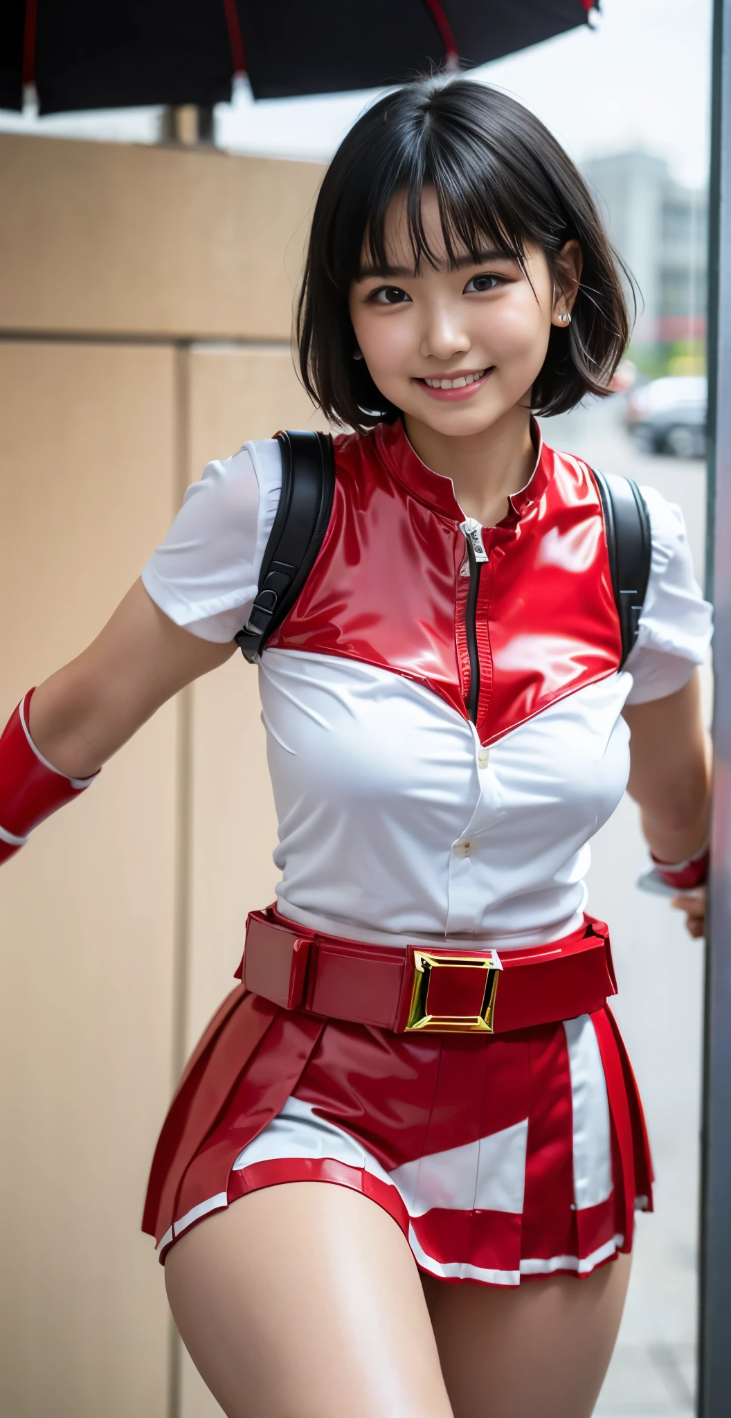 （8K、Raw photography、highest quality、masterpiece：1.2),(black haired、very short hair:1.9),show viewer,Looking at the front,erotic,white skin,(She is wearing the costume of the beautiful warrior Red Ranger.:1.8)、(Clothing that emphasizes the shape of your chest:1.4)、(big breasts:1.2)、slim body shape、ultra high resolution,beautiful,beautiful fece,(alone, alone、no background:1.9),whole bodyボディー,japanese woman,（Photoreal：1.37）、photon mapping,reality、(Cute with a baby face: 1.4)、(cute smile: 1.7)、(With a round face: 1.8)、radio city、Physically based rendering、depth of field rally background、photograph, (I can see your knees,close up of thighs、too short skirt:1.5),whole body、super fine