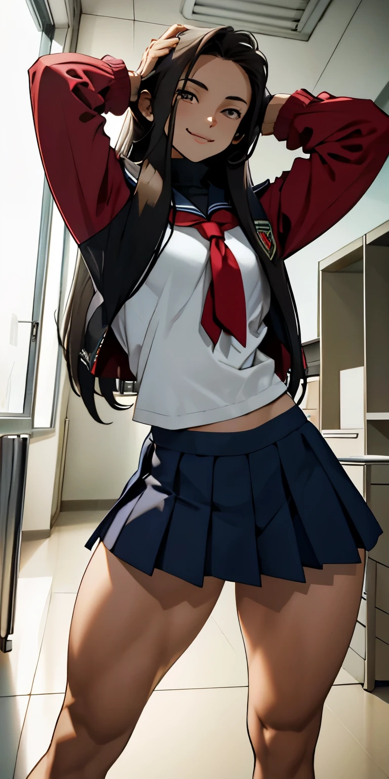 1990s,(style), (cel anime:1.1), official art,extremely detailed CG unity 8k wallpaper, perfect lighting,Colorful, Bright_Front_face_Lighting, (masterpiece:1.0),(best_quality:1.0), ultra high res,4K,ultra-detailed, photography, 8K, HDR, highres, absurdres:1.2, Kodak portra 400, film grain, blurry background, bokeh:1.2, lens flare, (vibrant_color:1.2),(back shot,ass,butt up,back view,ass,butt up,from behind,from very below,ceiling,upskirt:1.2),perfect anatomy,long_black_hair,ponytail,hidero horibe, (cute cheerleader uniform,micro miniskirt:1.3) (knee boots:1.1), choker, white gloves, choker, elbow gloves, jewelry, earrings, cowboy shot, 1990s,(style), indoors, (shiny skin), medium breasts,1990s,(style),(frown,shame, embarrassed,furrowed brow,opened eyes tightly,crying,tearly,closed mouth,clench teeth,full-face blush,:1.2),looking back:1.1 ,arms up,shibari,(shibari over clothes:1.5),bdsm,(bound wrists together behind head:1.1),panties,cameltoe, erotic,(leaning forward,show white-high-cut-panty from micro-miniskirt:1.4),panties focus,pectoral cleavage,gipple,standing,