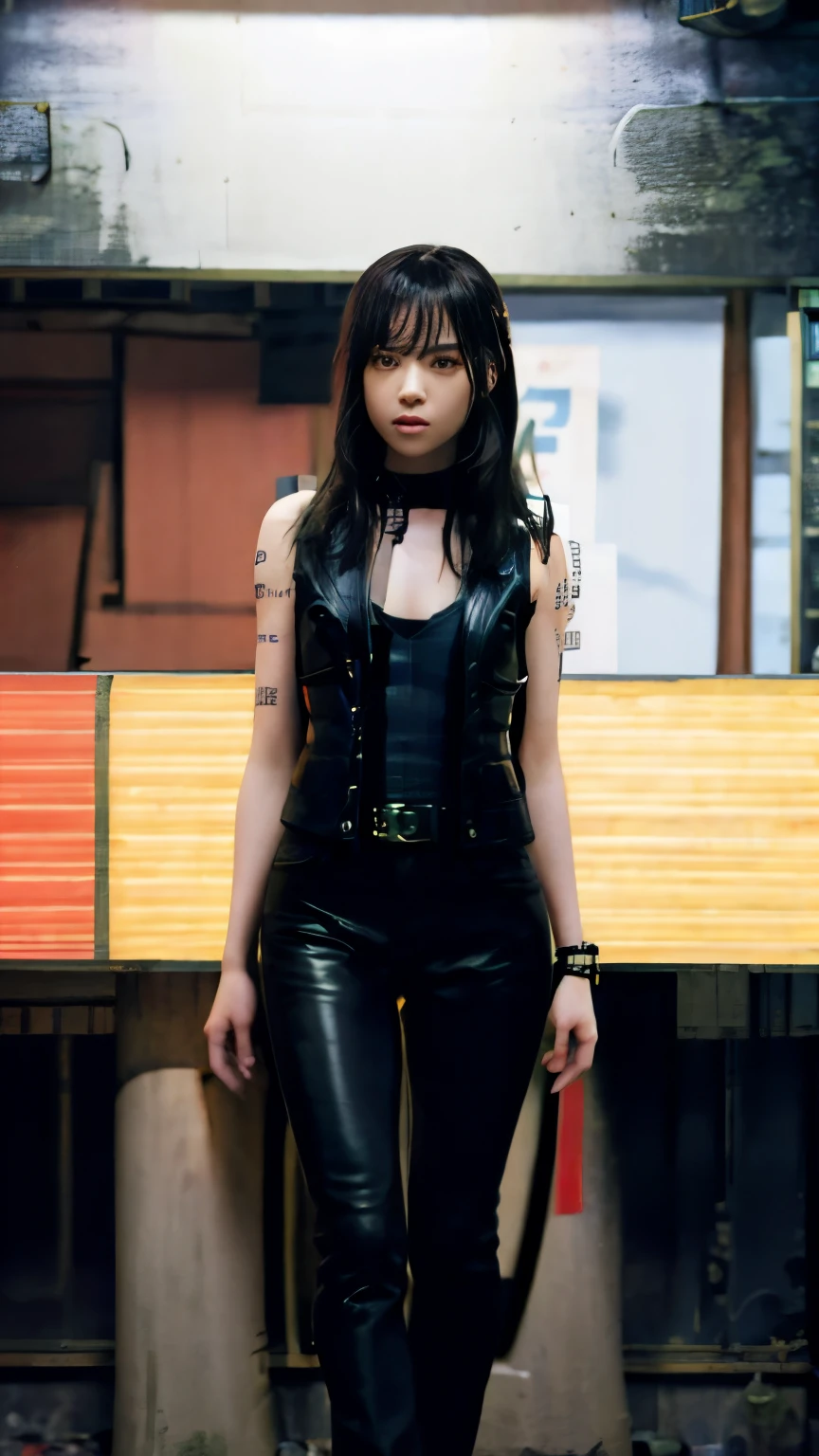 highest quality，masterpiece，Super detailed，8K, UHD，Beautiful woman，japanese woman，Expressionless，(Topless)，whole body，((tattoo))，slim，Black leather pants，black leather vest，(female mafia)，gangster，(cyberpunk city)，night，cinematic lightening，movie poster，underworld