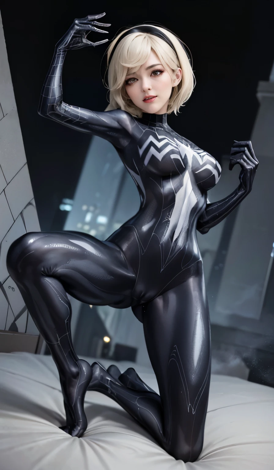 4K,realistically,charming,very detailed,There a girl in Dingcheng,She Spider-Gwen, Gwen Venom symbiont Costume, organic outfit, Sweat, Wearing black Spider-Man costume,(black and white:1.4) night,symbiont,poison,lots of mucus,she spiderman,Black superhero theme,in front of the sky,Flushed face,( , camel toe,, vulva shape:1.3),(GGcamel toe:1.3)legs apart,25 years old,full body lesbian