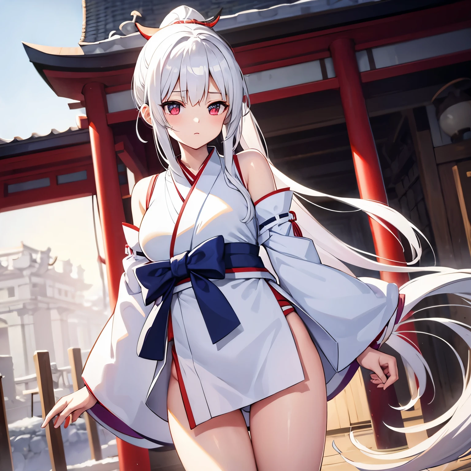 white hair、ponytail、shrine maiden、horn、thighs