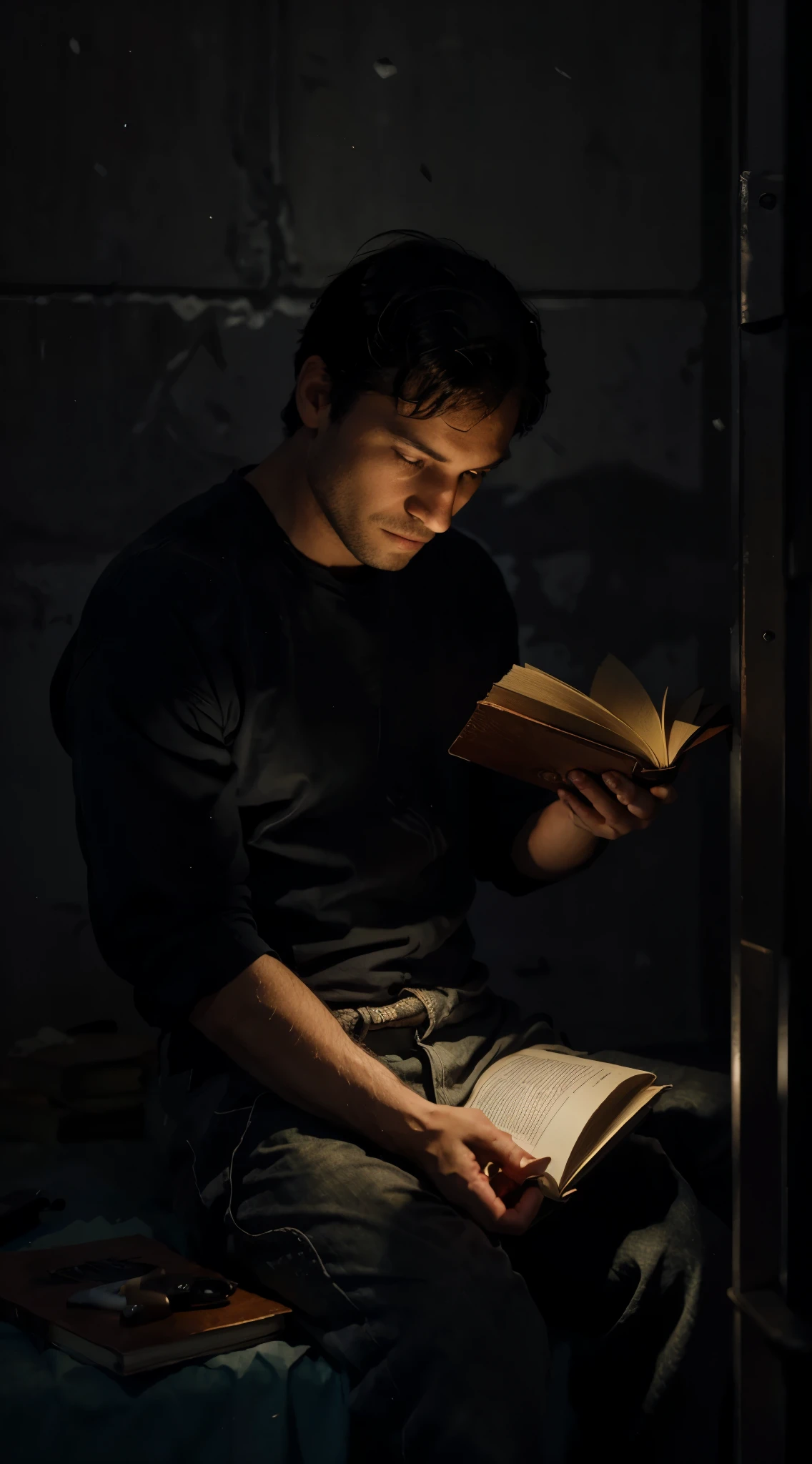 a man sitting on jail and reading a book in dark