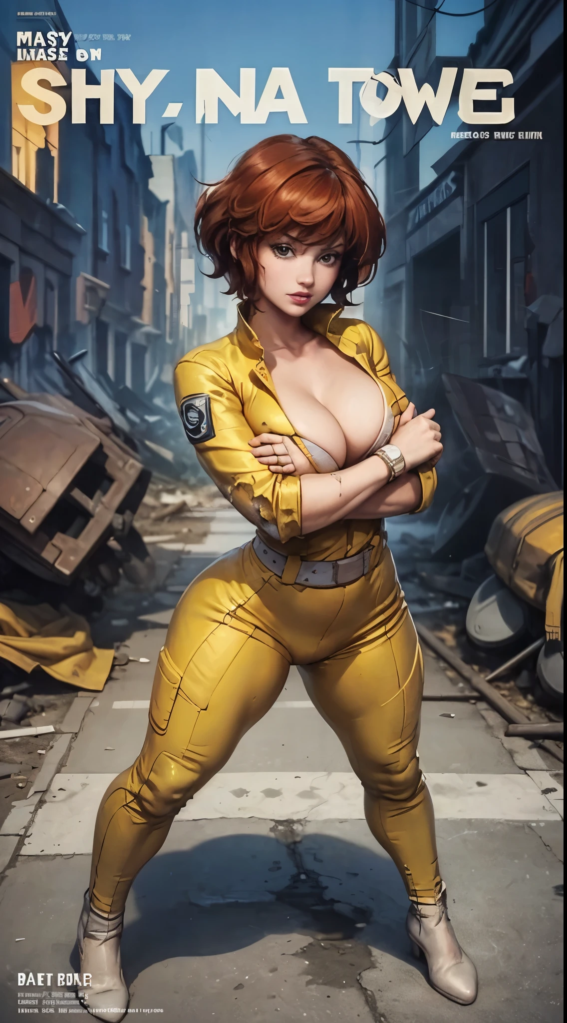 masterpiece, (1girl), extremely detailed female character, full body shot, best quality, dnd, dungeons and dragons, (april oneil, tmnt), (small, cute, tiny, thick, athletic), (aprnil, a woman in yellow jumpsuit, short red hair, cutout), (magazine title, text), (magazine:1.3), modern era, 80s clothes, anime style, (destroyed town background, shy, closed pose:1.5),enemies around, (nsfw:0.75)