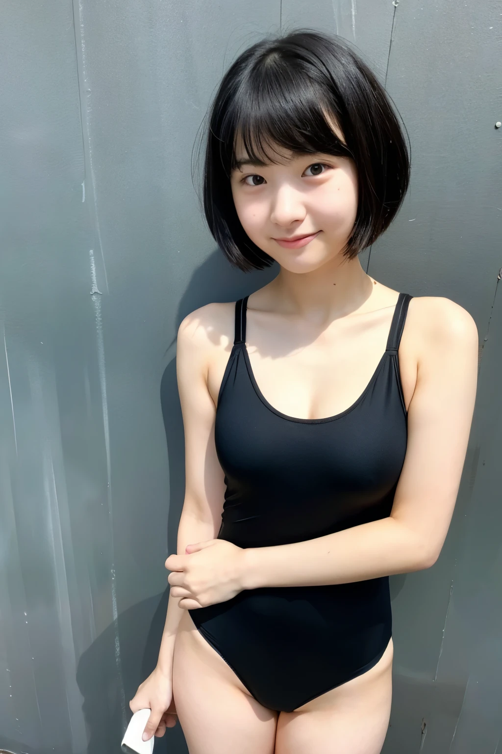 Girl with short cut black hair。
With a round face、She is wearing a black swimsuit。
Height is 153cm、slender。