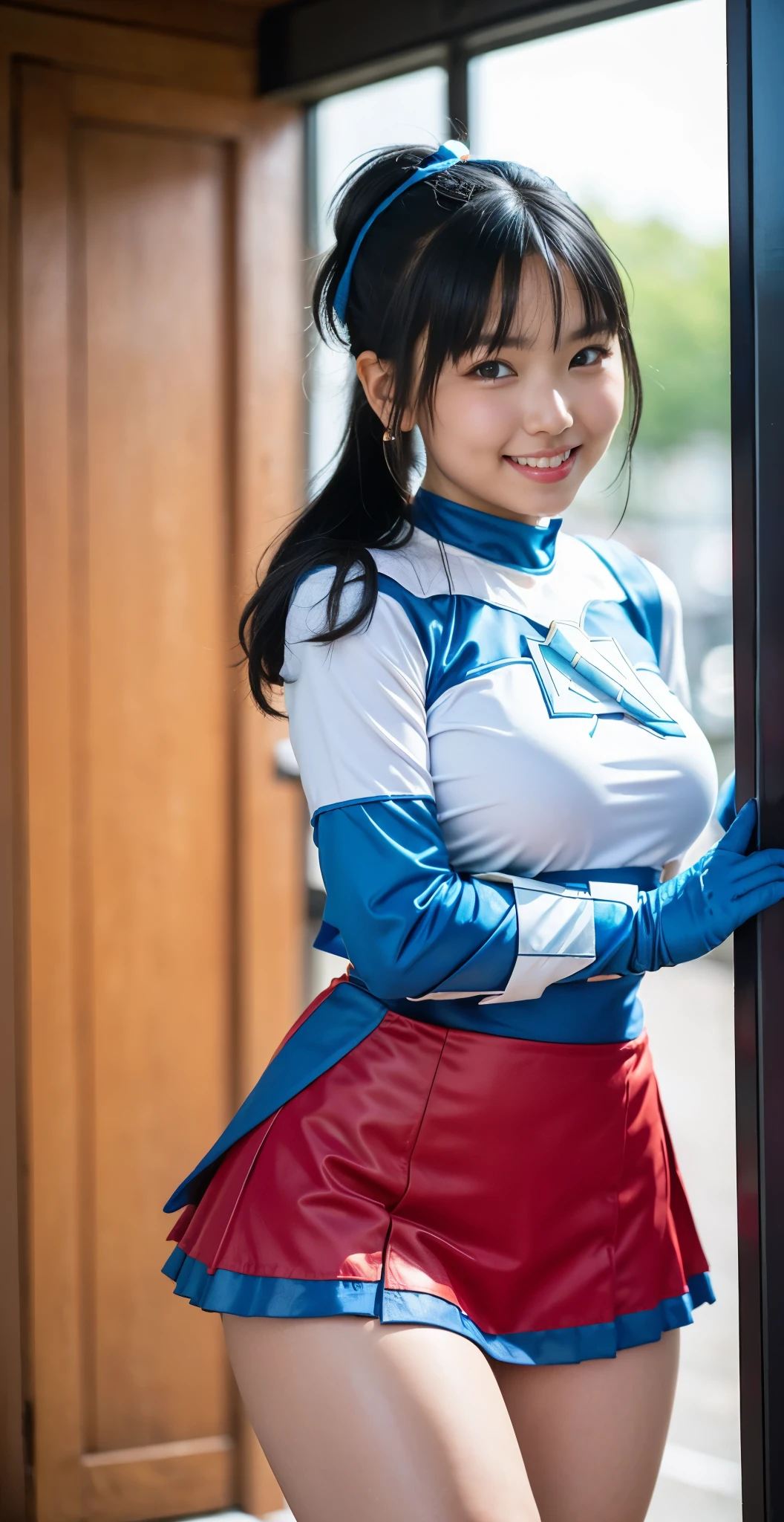 （8K、Raw photography、highest quality、masterpiece：1.2),(black haired:1.9),(Honeyfold twintail:1.4)、show viewer,Looking at the front,erotic,white skin,(She is wearing the costume of the beautiful girl warrior Blue Ranger.:1.8)、(Clothing that emphasizes the shape of your chest:1.5)、(big breasts:1.3)、slim body shape、ultra high resolution,beautiful,beautiful fece,(alone, alone、no background:1.9),whole bodyボディー,japanese woman,（Photoreal：1.37）、photon mapping,reality、(Cute with a : 1.4)、(cute smile: 1.7)、(With a round face: 1.8)、radio city、Physically based rendering、depth of field rally background、photograph, (I can see your knees,close up of thighs、too short skirt:1.5),whole body、super fine