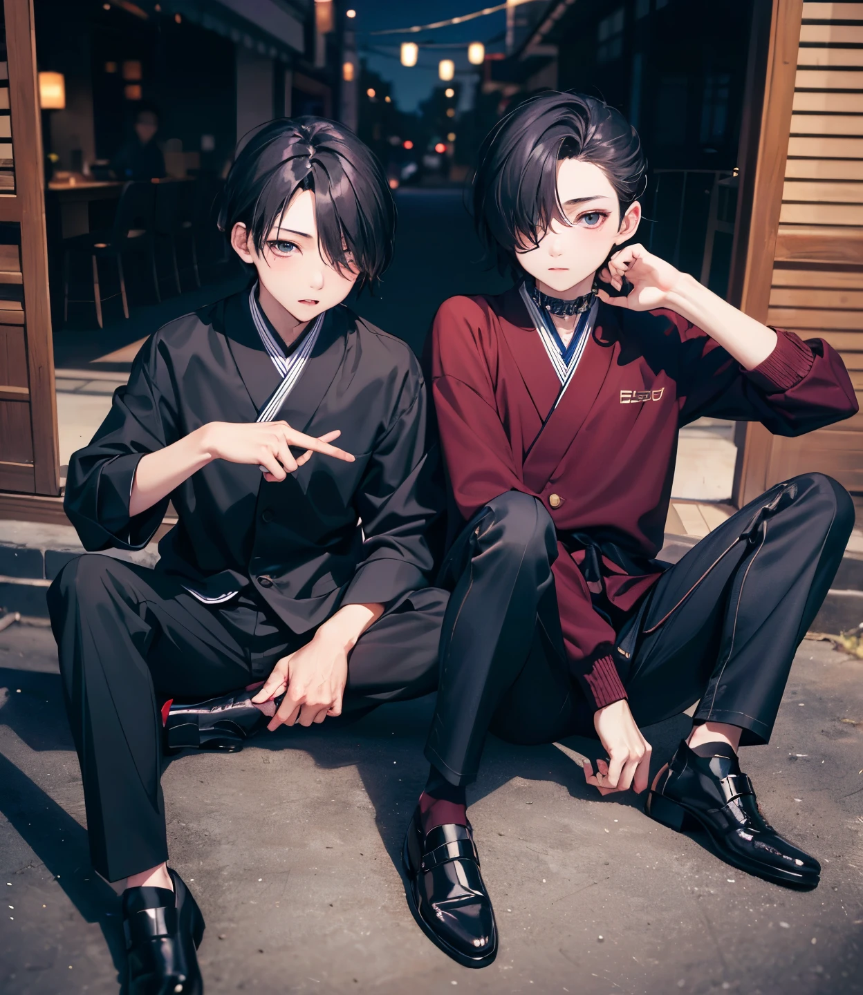 portrait of Japanese boys,duo,20yo,beautiful faces,full bodies,hair over one eye,medium sidecut, black hair, sharp focus,wearing modern clothes, fully clothed, uhd, high quality