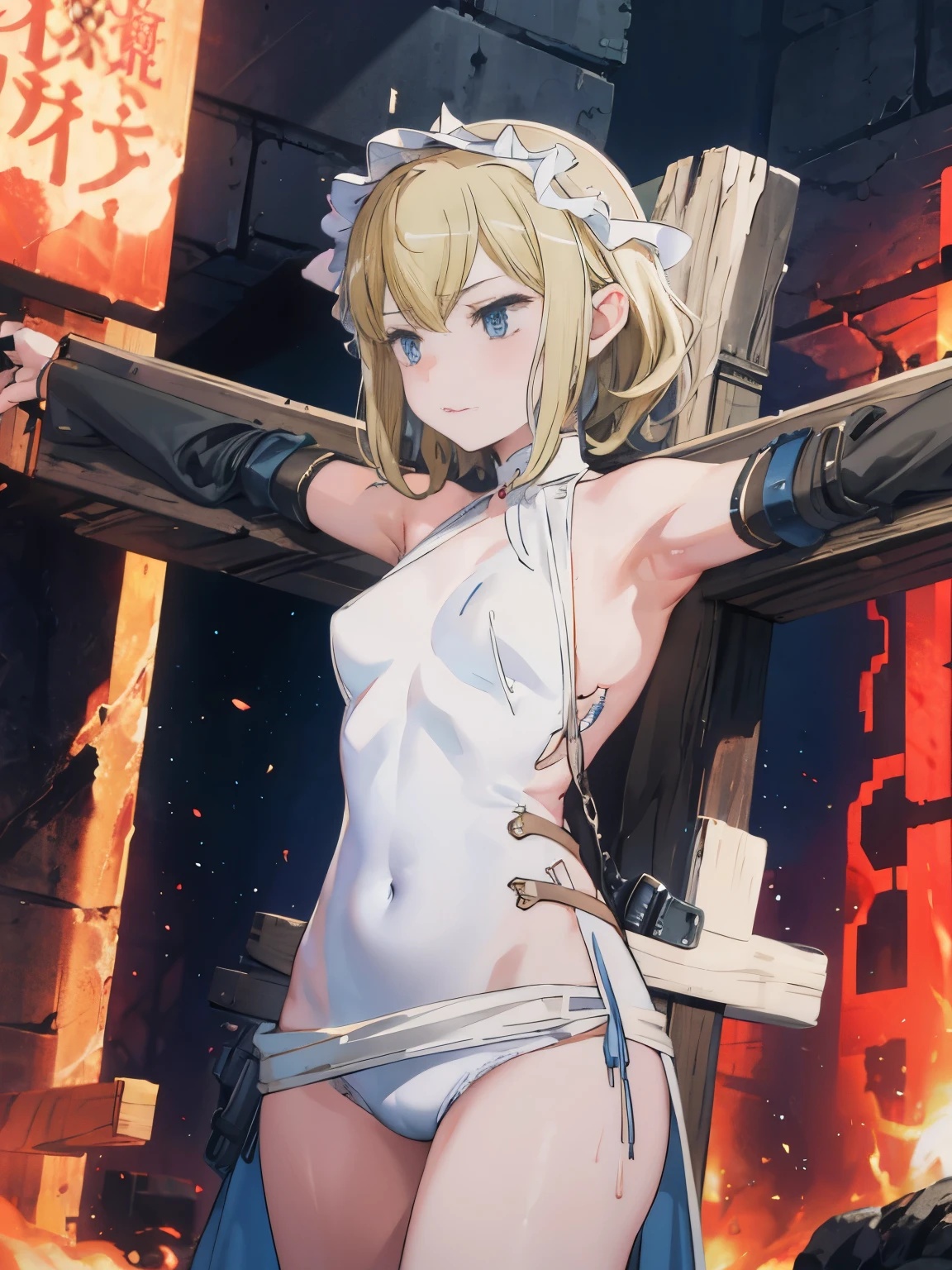 highest quality,masterpiece,UHD, Super detailed, 8K,(Beautiful woman),一人のBeautiful woman,((crucifixion)),cross,(execution),incontinence,scared,torture,slave,((crossにcrucifixionにされた女性:1.5))