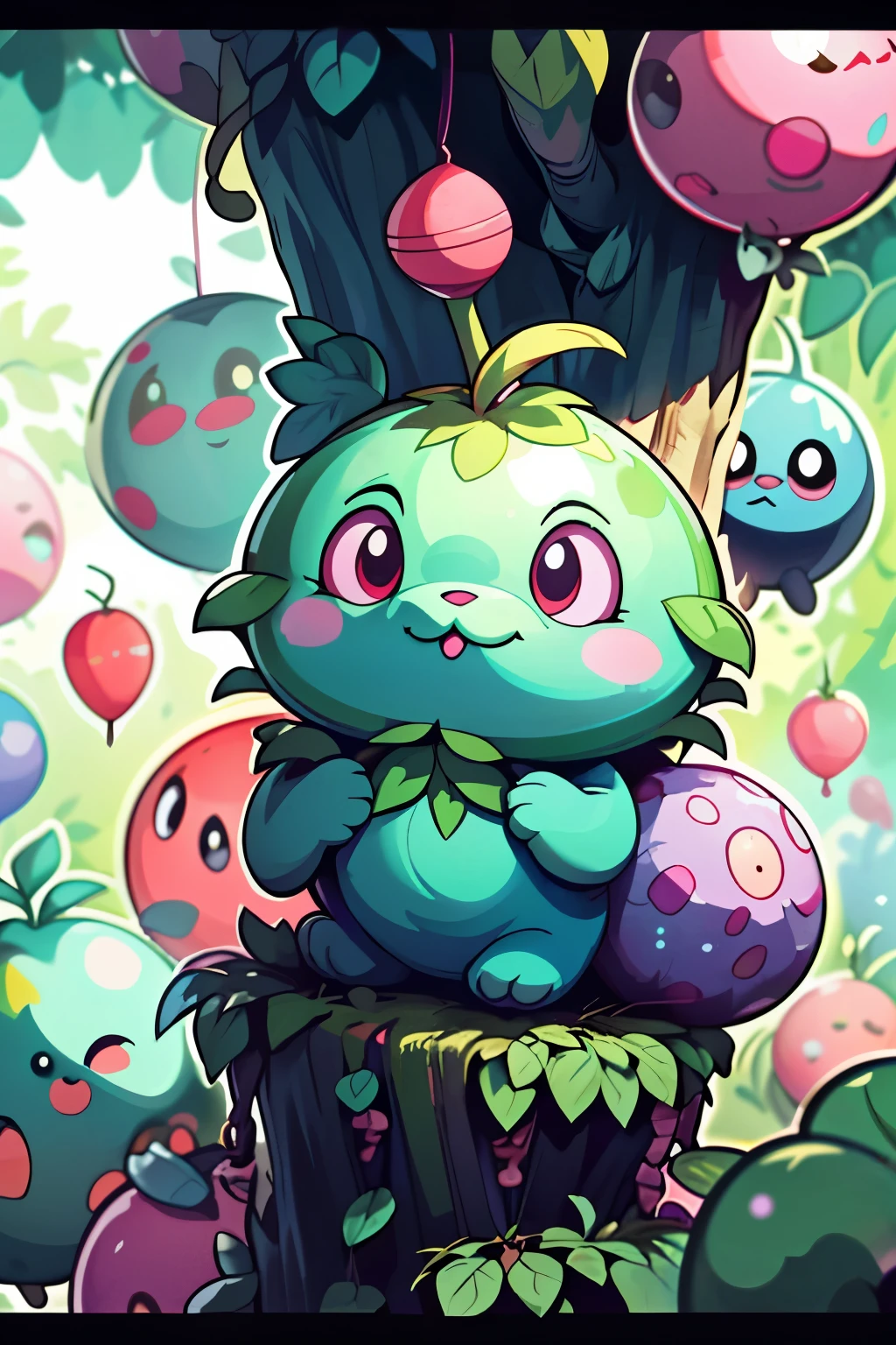 Amidst the lush green forest, a Pokemon named Amoongus stood tall, its bulbous body covered in vibrant purple and green spots. Its long, trailing vines hung low, creating a mesmerizing scene. The Pokemon's large pink eyes, which seemed to radiate a faint glow, were filled with a mixture of embarrassment and shyness.

One day, while wandering through the forest, Amoongus stumbled upon a group of Trainers. Feeling bashful and self-conscious, it glanced away, trying to hide amongst the trees. With its long vines, it managed to conceal itself, but its pink eyes peeked out, giving away