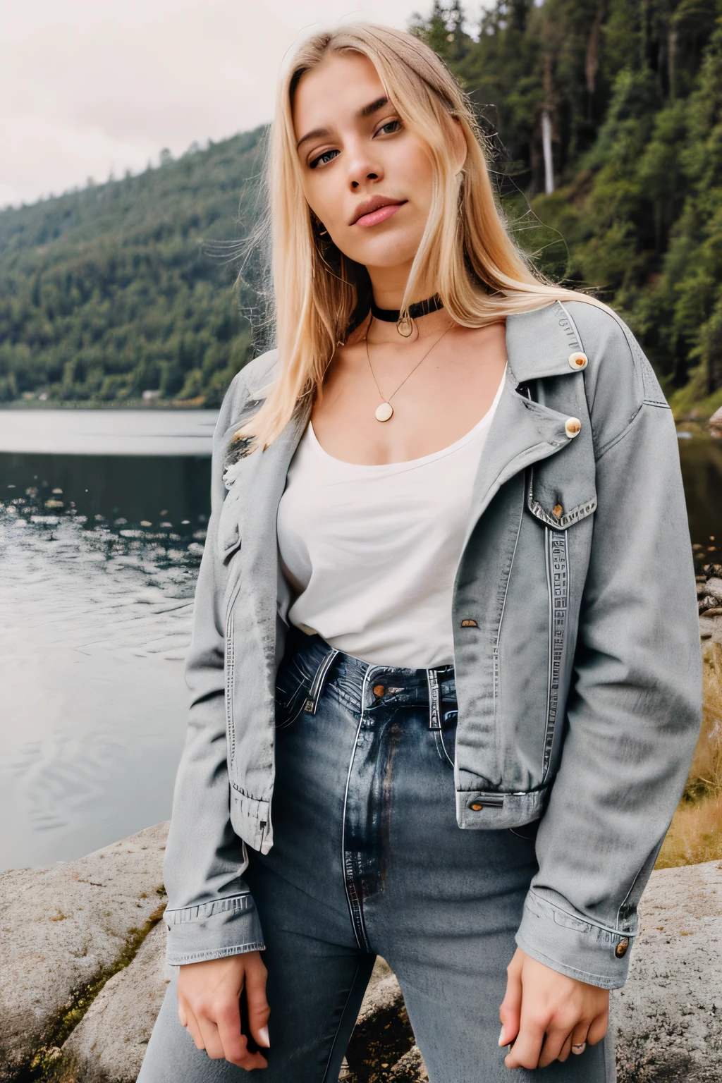 23 year old girl, Alone, Long gray hair, view the viewer, Blonde hair, shoulder, Brown eyes, jewely, choker necklace, full body:1.3, fullbodyesbian, (women turn to camera:1.3) , she is a gorgeous beauty looking at us,((Koli National Park overlooks Lake Pielinen, Suomenlinna, sea fortress in Helsinki,)), (everyone wears effortlessly cool denim jeans, jackets, eclectic styles, shirts,), exterior Koli park, one looks at us, realistic photo, (40% of photo is black in drawing:1.4), she's has an (eye contact:0.3) skill , (she wears matte grey jeans, leather jacket with fashion tshirt) and is intensely looking at camera, (flirty look:0.9) beautiful face, slight smile, intense presence, masterpiece, obsessively detailed, cozy relaxed, catching us, beautiful hands, kind eyes, gorgeous, incredible details, ((high contrast)), (deep, darkest shadows), (shadow details:1.0), ((taken using Leica camera, aperture: f/2.3)) , hyper-realistic skin, pores, (she has long blonde hair, flowy, highlights), smokey eye makeup,, her arms relaxed , relaxed moment, she's in dark with natural light glow, (romantic light:1.2), radiant skin, perfectly framed face, perfect relaxed hands, perfect fingers, (perfect portrait, incredible eyes:1.1), a work of art,sexy beautiful composition, golden ratio, inspiring, (highest quality fabric texture), every detail,Fine facial features – (Highest Quality) ,Leica camera film, High quality ○○ detailed – ○○ details ultra detailed(Ultra-fine ), Photorealistic, Extremely detailed(Extremely detailed) , (highest detail image, lens flare, realistic)○○ res – ○○ resolution ultra high res(A high resolution),playful relaxed photos, elegant hand, realistic hand, elegant fingers