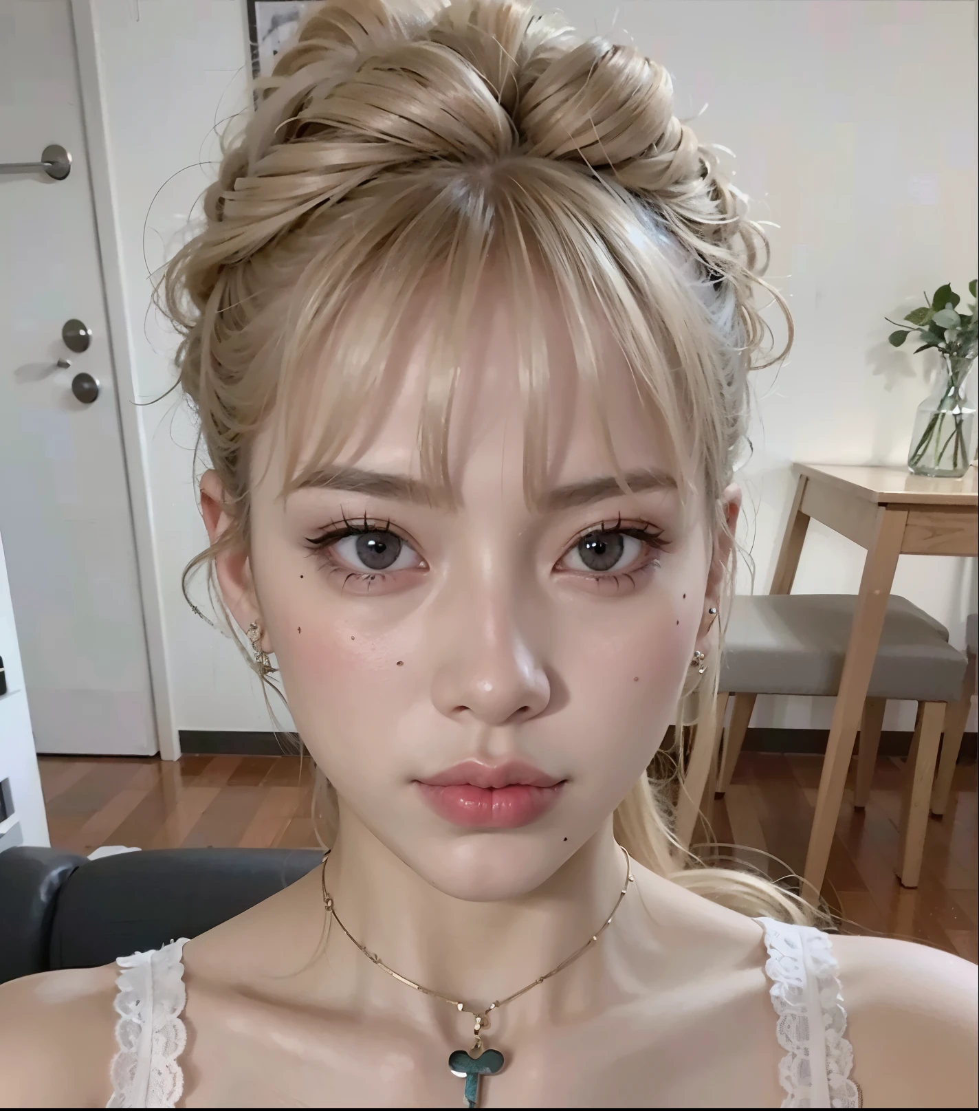 blonde woman with a messy bun, uma blusa branca e um colar de cruz, cabelo loiro e olhos grandes,  de 19 anos, rosé, rosto perfeito ), her face looks like an orchid, jovem lindo amouranto, sem maquiagem, retrato de Park rosé, long cabelo loiro e olhos grandes, Rosto extremamente lindo, 27 anos de idade, Roseanne parque, rosé, rosé do Blackpink
