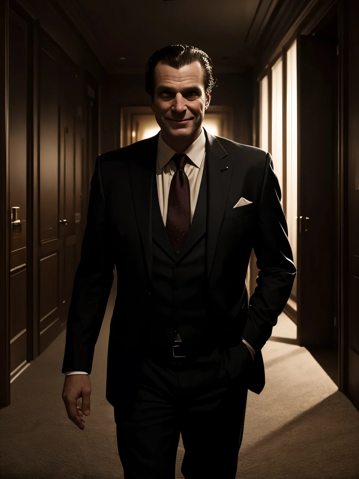 in a dark room in a dark hotel room stands a greasy man in an ill-fitting suit he grins nastily and seems sinister and as if he knows more than he is