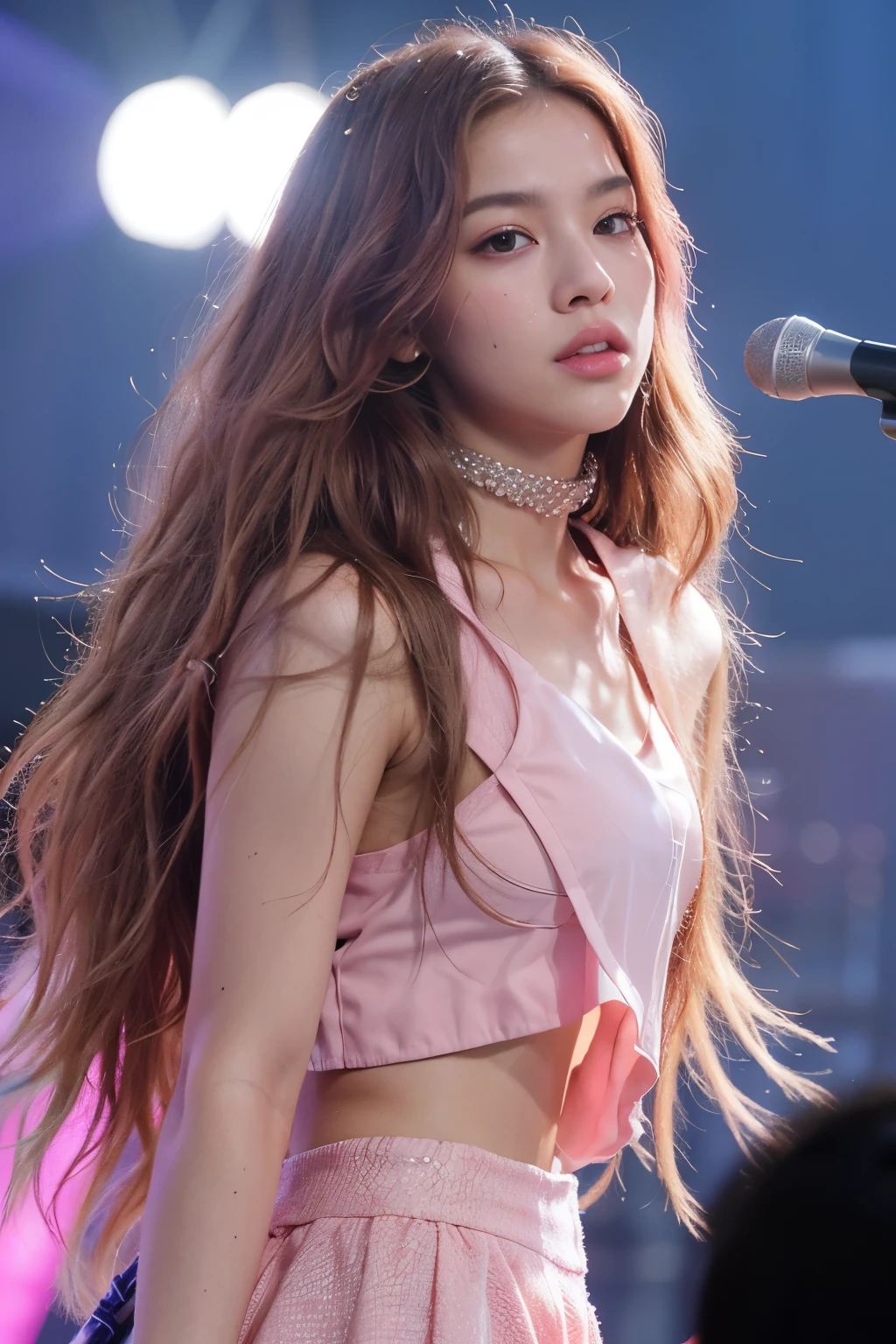 (Best quality, masterpiece: 1.2), portrait, rosé from Blackpink, Coachella performance, Typa Girl costume, center stage with pink spotlights shining towards her, singing while making eye contact with the camera: 1.5, detailed facial features: 1.5.