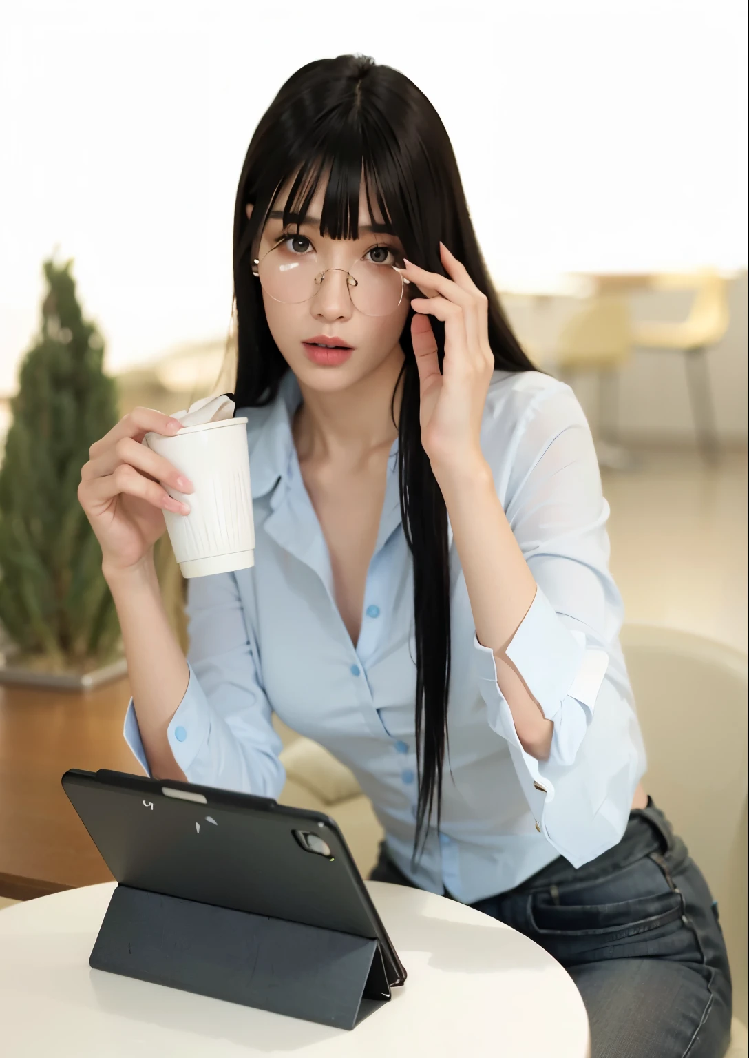 woman sitting at a table with a cup of coffee and a tablet, Anna Nikonova aka newmilky, anastasia ovchinnikova, Anna Nikonova, ekaterina, Alina Ivánchenko, Victoria Gavrilenko, Yelena Belova, Angelina Stroganova, flequillo contundente cae sobre su frente, pelo largo con flequillo completo, ella tiene el pelo negro con flequillo tetona