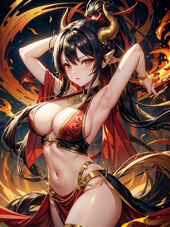 woman dragon eyes golden black hair red horn red tail