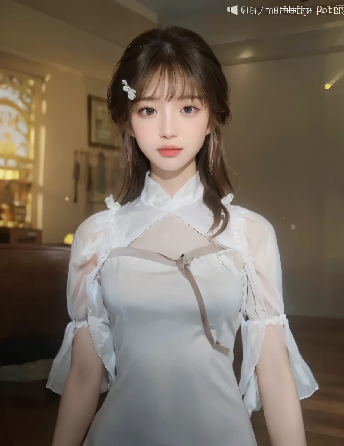 ((1girl in)),Light Brown Fringe Hair、straight haired、disheveled hair、Light brown eyes、(dignified expression)、((an lingerie))、(爆乳:1.4)、Emphasize the valley、Bedroom、Selfie、(Photorealsitic)、(intricate detailes:1.2)、(masterpiece、:1.3)、(top-quality:1.4)、(超A high resolution:1.2)、超A high resolution、(A detailed eye)、(detailed facial features)
