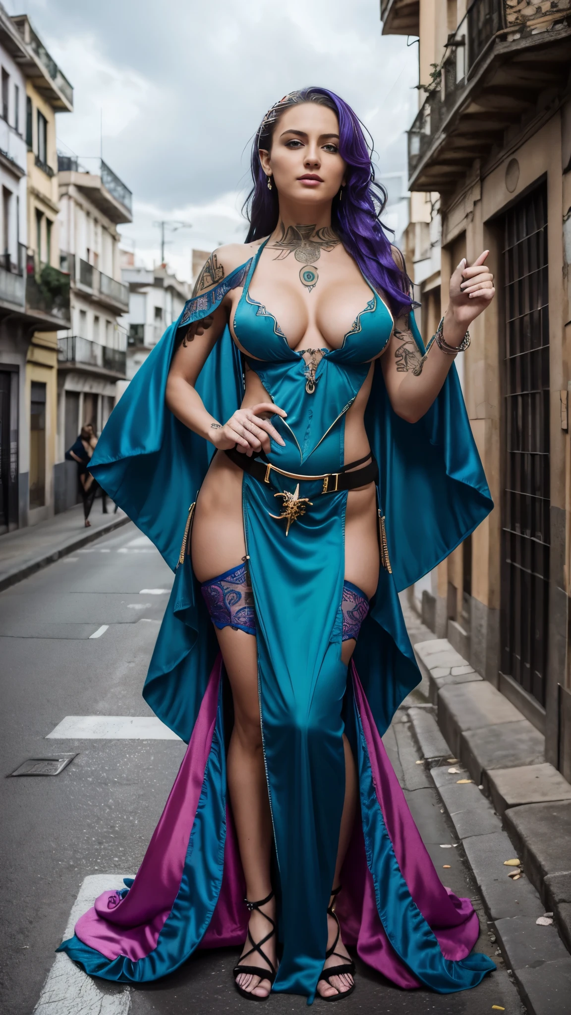 Beautiful woman in a random situation and place, sexy, thin, random color hair, random color eyes, large tits, wearing beautiful exotic gown and expensive jewelry, very happy, (full body:1.5), (Basque Radical Rock:1.6), hyperrealistic, 8k, vibrant colors, sharp crisp image
