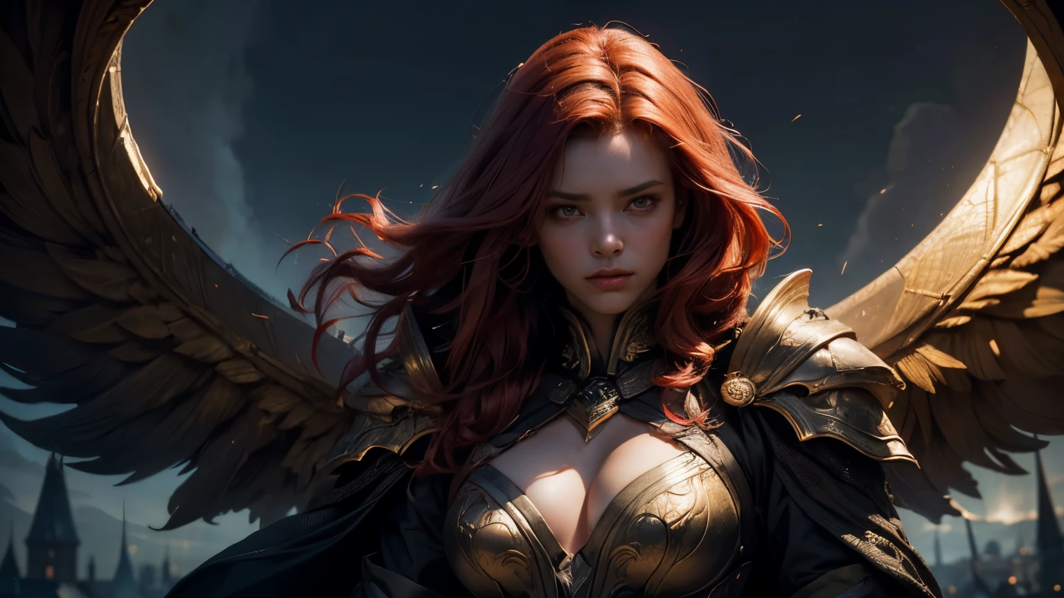 1 woman, long red hair, red cape, armor, golden helmet, wings, giant katana, dark, castle, elden ring inspiration, fantasy, ((85mm, atmospheric perspective, panorama, sideways, cinematic lighting, depth of field, Surrealism, 16k, best quality, high details, masterpiece, textured skin, highres))
