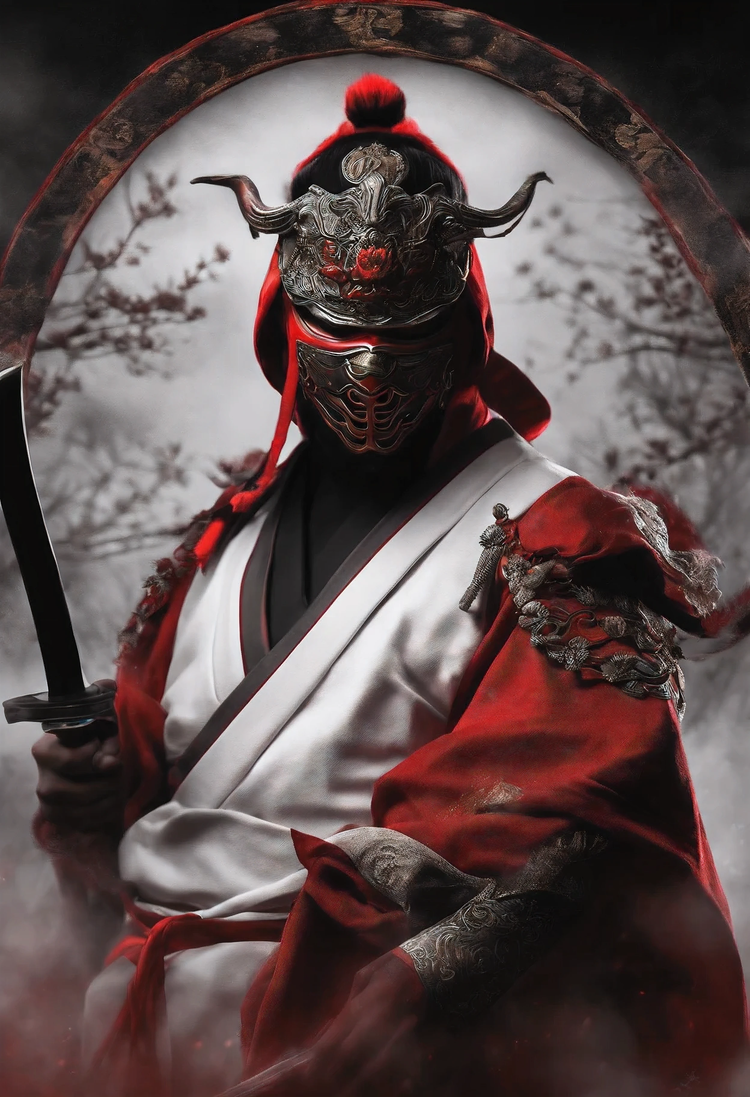 white and red ninja brothers with a Japanese oni mask, com uma roupa preta, menacingly