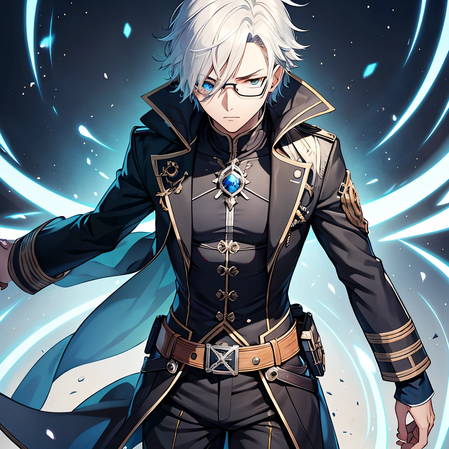 (Kunstwerk), junger Mann in , Exceptional quality, detaillierte japanische Anime-Illustration, elegante Optik, Kalter Blick, farbenfrohe und animierte Charaktere, blau Hose, white coat, Blitze, Sturm, Silbernes Haar, graue Augen mit bernsteinfarbenen Sprenkeln, futuristische Kleidung, Pistole, Schwarze Stiefel.