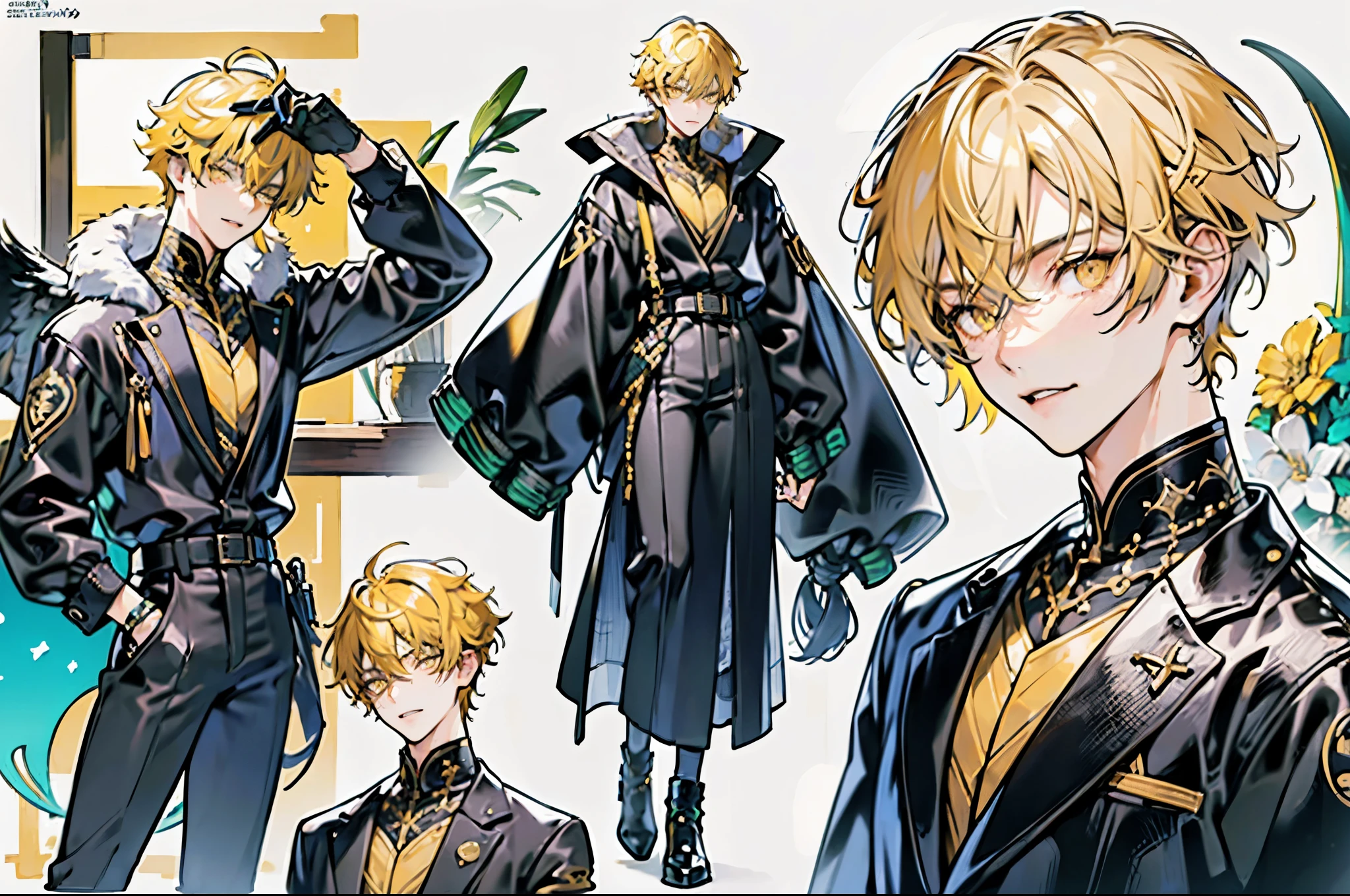 (absurdres, highres, ultra detailed), 1 male, adult, handsome, tall muscular guy, broad shoulders, finely detailed eyes, neon hair, holographic, black jacket, intense run, Character OC design, the same person multi-angle painting, multi-angle painting, the theme color is yellow, （Male characters:1.2),(Boy:1.2), ((Character design)),(Different expressions for the same character:0.8),Pubic area is clear, hyper HD, Exquisite, (4K works))、​masterpiece、(top-quality)、((Black cityscape background))、Korean Male、Adult male、((Adult 50 years old))、((Adult uncle type))、((Leather Jeans Style))、((Face similar to Hyunjin))、Cool Men、tall、((Wild features))、((Wild look))、((angry expressions))、、((Smaller face))、Full body、full height, clothing reference, beautiful clothes, full-length character on the left, on the right the same character with different emotions, character reference, full-length example of clothes, (masutepiece), (Best Quality), Highly detailed, 1 boy, Solo Focus，Perfect face, Beautiful face, extra detailed face，(yellow hair short:1.3)，(yellow eyes:1.3)，florals，butterflys々，floralsびら，optic，kirakira，a smile