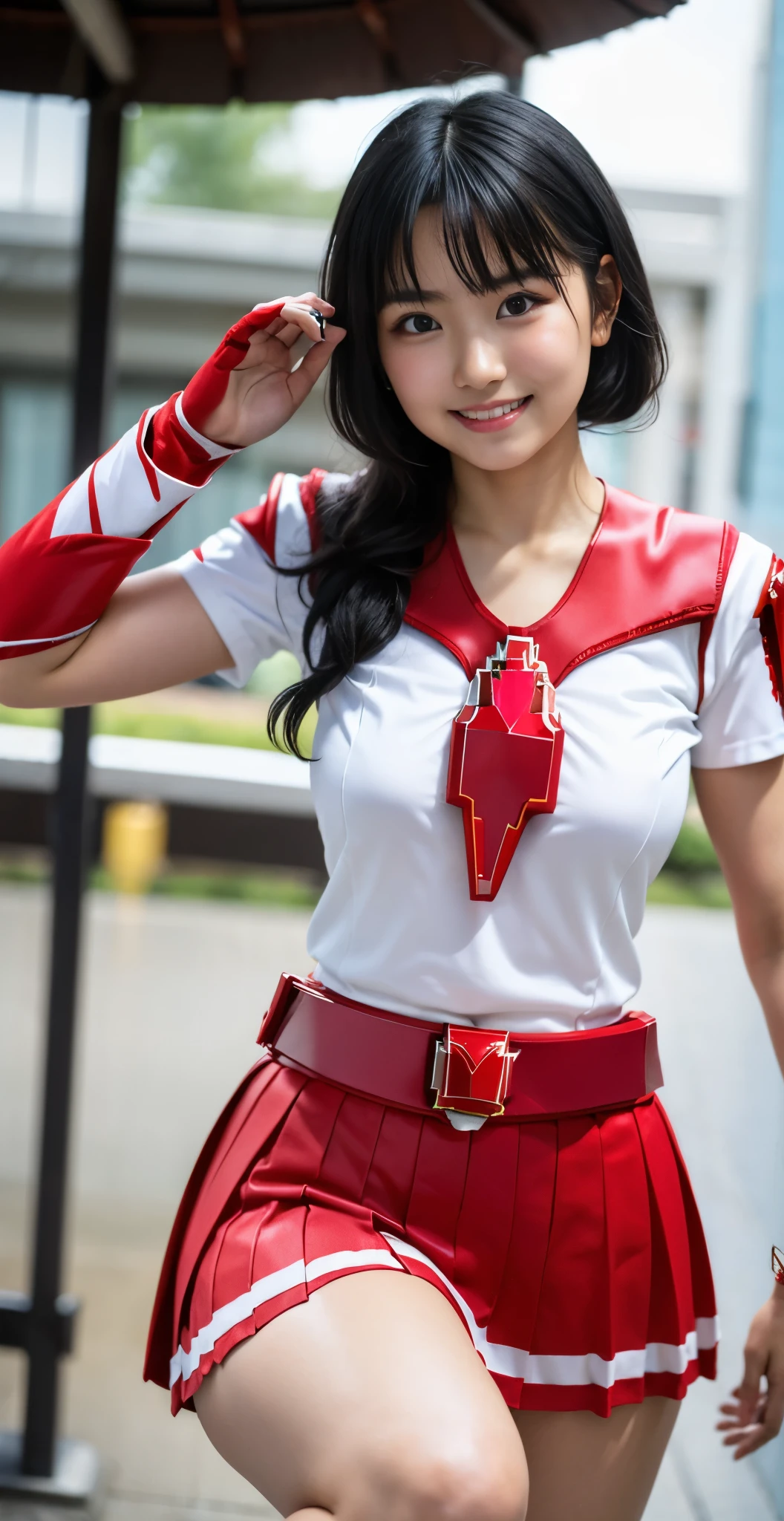 （8K、Raw photography、highest quality、masterpiece：1.2),(black haired:1.9),(Honeyfold twintail)、show viewer,Looking at the front,erotic,white skin,(She is wearing the costume of the beautiful warrior Red Ranger.:1.8)、(Clothing that emphasizes the shape of your chest:1.4)、(big breasts:1.2)、slim body shape、ultra high resolution,beautiful,beautiful fece,(alone, alone、no background:1.9),whole bodyボディー,japanese woman,（Photoreal：1.37）、photon mapping,reality、(Cute with a baby face: 1.4)、(cute smile: 1.7)、(With a round face: 1.8)、radio city、Physically based rendering、depth of field rally background、photograph, (I can see your knees,close up of thighs、too short skirt:1.5),whole body、super fine