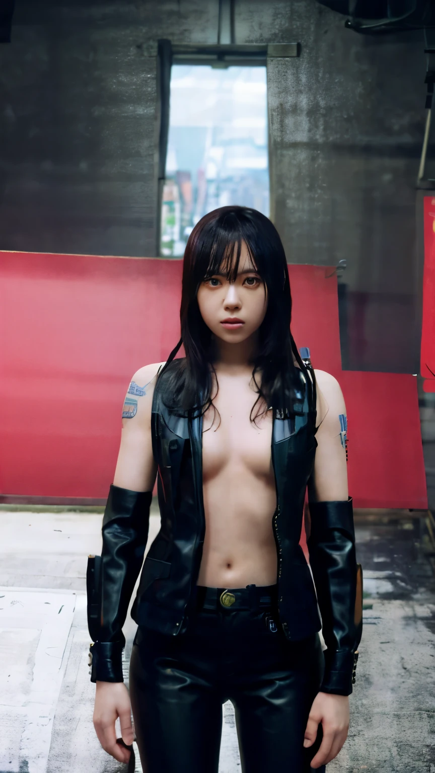 highest quality，masterpiece，Super detailed，8K, UHD，Beautiful woman，japanese woman，Expressionless，(Topless)，whole body，((tattoo))，slim，Black leather pants，black leather vest，(female mafia)，gangster，(cyberpunk city)，night，cinematic lightening，movie poster，underworld