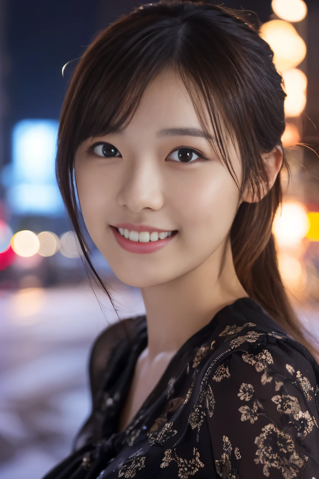 1 girl, (Wearing a blouse:1.2), beautiful japanese actress,
(RAW photo, highest quality), (realistic, Photoreal:1.4), masterpiece, 
very delicate and beautiful, very detailed, 2k wallpaper, wonderful, 
finely, very detailed CG Unity 8K 壁紙, Super detailed, High resolution, 
soft light, beautiful detailed girl, very detailed目と顔, beautifully detailed nose, beautiful and detailed eyes, cinematic lighting, 
break
(Against the backdrop of a snowy night cityscape 1.3), city lights, 
perfect anatomy, slender body, smile, Face the front completely, look at the camera