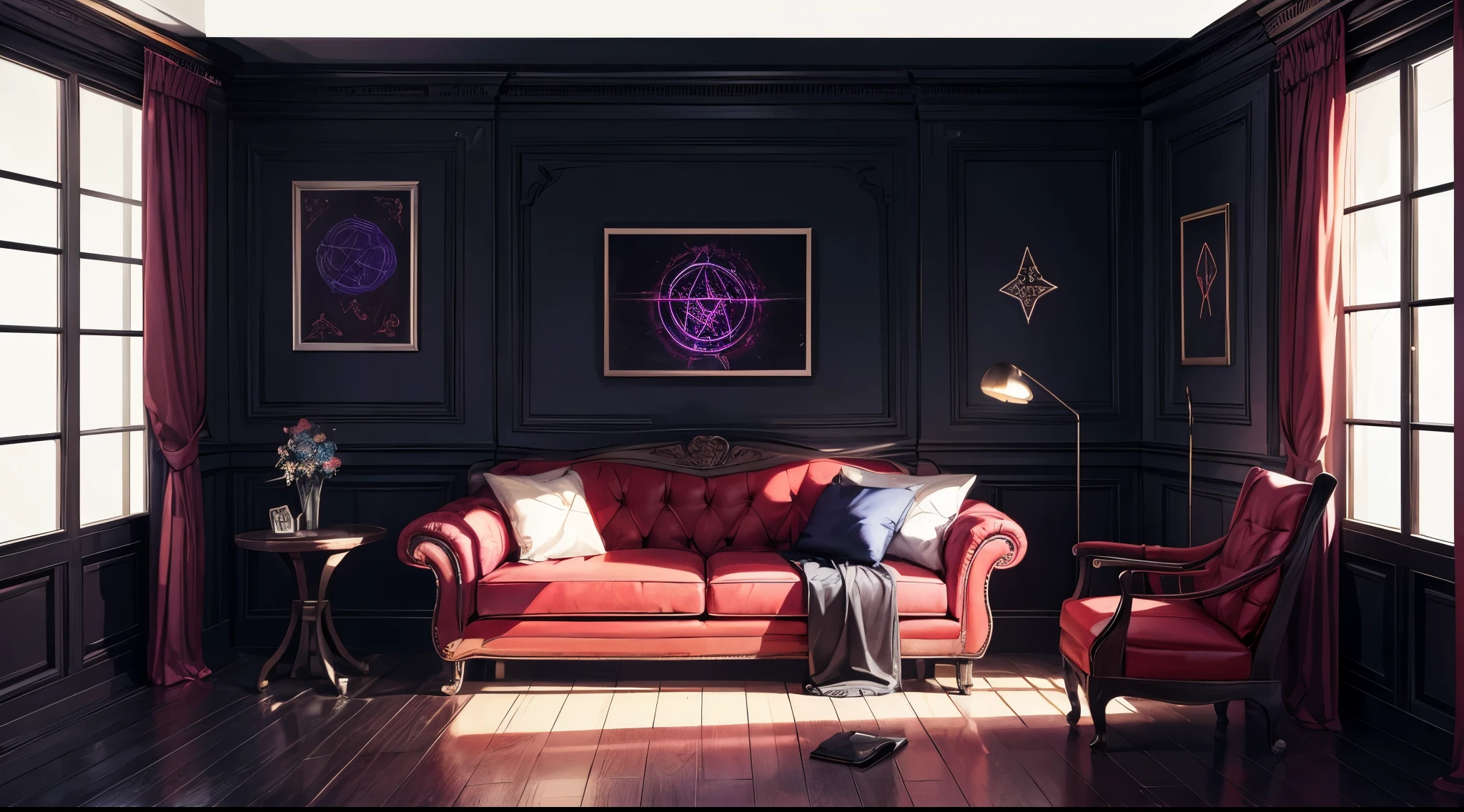 dark room, black wall, red sofa, night, no light, no sun, dark, no window, drawings of circles and pentagrams in purple, red and blue.