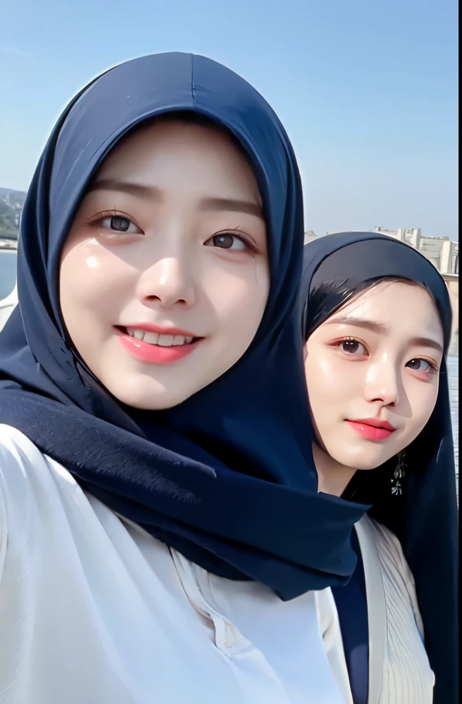Wear hijab blue collor, ((Best quality, 8k, Masterpiece :1.37)), (three women in hijab), multiple people , three women in hijab blue, position:standing, style model, (three women in hijab), beautiful face, Beautiful detailed eyes, Korean eyes, nose detail, Natural Lips, 18 year old girl, black hair, very detailed face, ultra detailed body, slim body, smiling lips, detailed big breasts, detailed hairy vagina, Wearing Muslim hijab , luxurious jubba thobbe, blue sky view, slim body, realistic face, three women wearing hijabs
