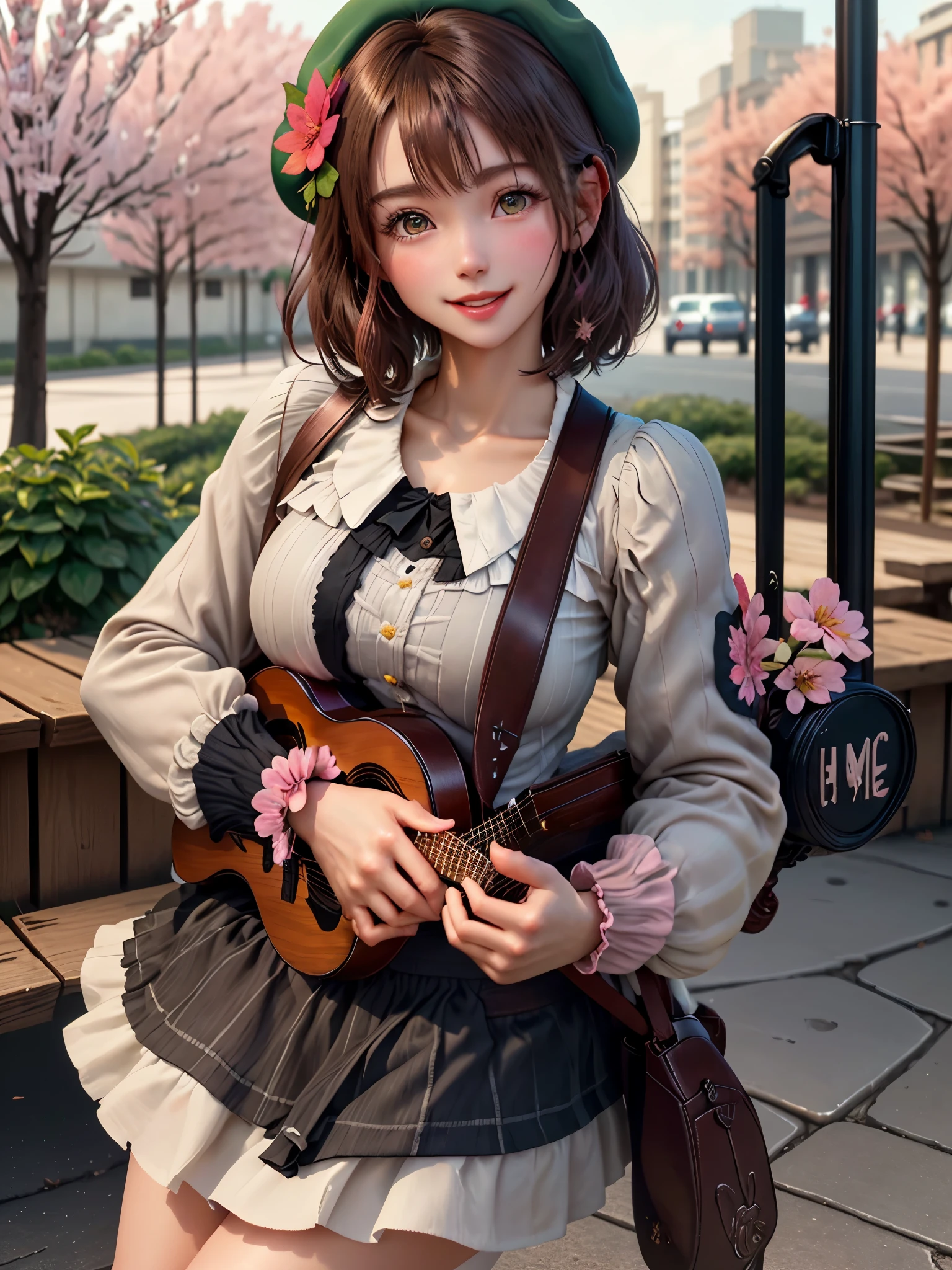 (masterpiece),(highest quality),(super detailed), (whole body:1.2),
1 girl,Little,cute, smile, open your mouth,
flower, outdoor, I'm playing guitar, music, beret, have a guitar, Jacket, blush, wood, :3, shirt, short hair, cherry blossoms, Green Hat, blurry, brown hair, blush stickers, long sleeve, bangs, headphones, black hair, pink flower,
(beautiful detailed face), (beautiful and fine eyes),
 