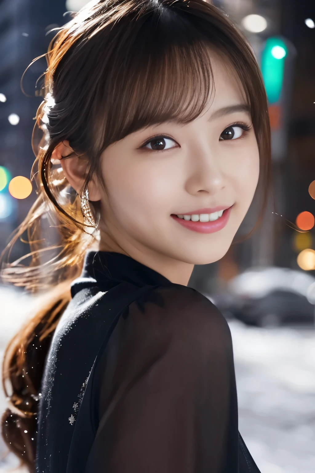 1 girl, (Wearing a black blouse:1.2), beautiful japanese actress,
(RAW photo, highest quality), (realistic, Photoreal:1.4), masterpiece, 
very delicate and beautiful, very detailed, 2k wallpaper, wonderful, 
finely, very detailed CG Unity 8K 壁紙, Super detailed, High resolution, 
soft light, beautiful detailed girl, very detailed目と顔, beautifully detailed nose, beautiful and detailed eyes, cinematic lighting, 
break
(Against the backdrop of a snowy night cityscape 1.3), city lights, 
perfect anatomy, slender body, smile, Face the front completely, look at the camera