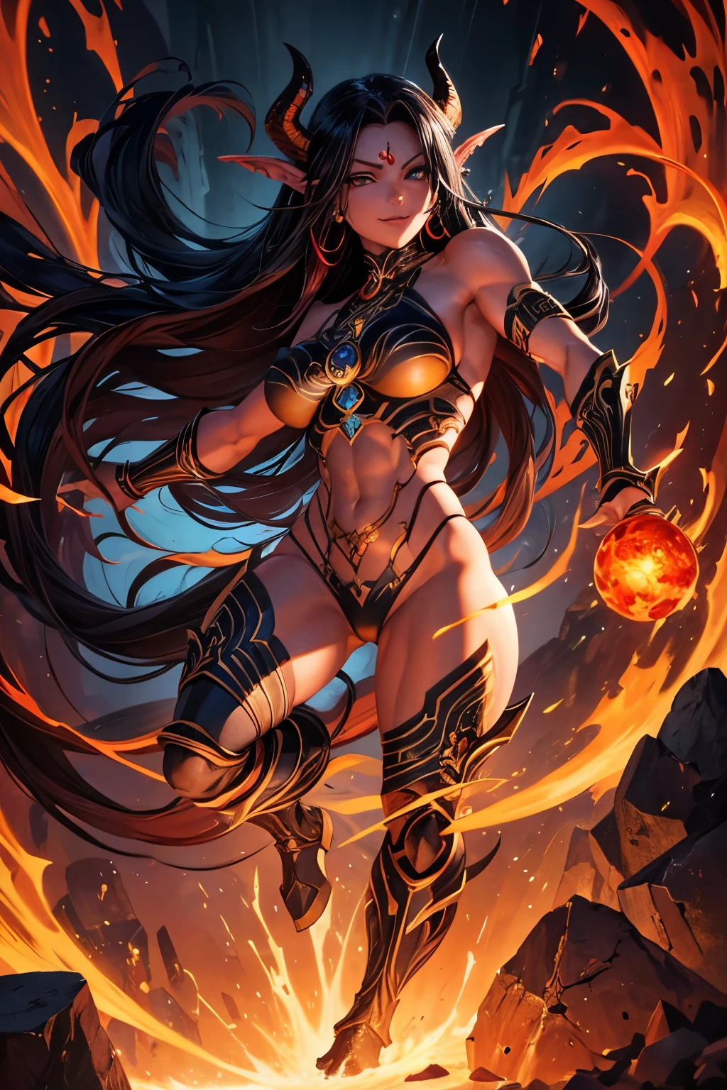 A striking muscular four-armed red skinned female asura, radiating beauty and power, captivates the eyes. Her flowing, midnight-black hair brushes against black heavy armor, emphasizing her formidable presence. A maniacal smile, accompanied by large, gracefully curving horns protruding from her forehead, adds an edge of unpredictable enchantment. Golden eyes gleaming with intensity seem to hold secrets untold. This stunning portrayal, perhaps a meticulously rendered painting, immerses the viewer in the awe-inspiring world of this extraordinary asura, highlighting the impeccable quality of the full body image.